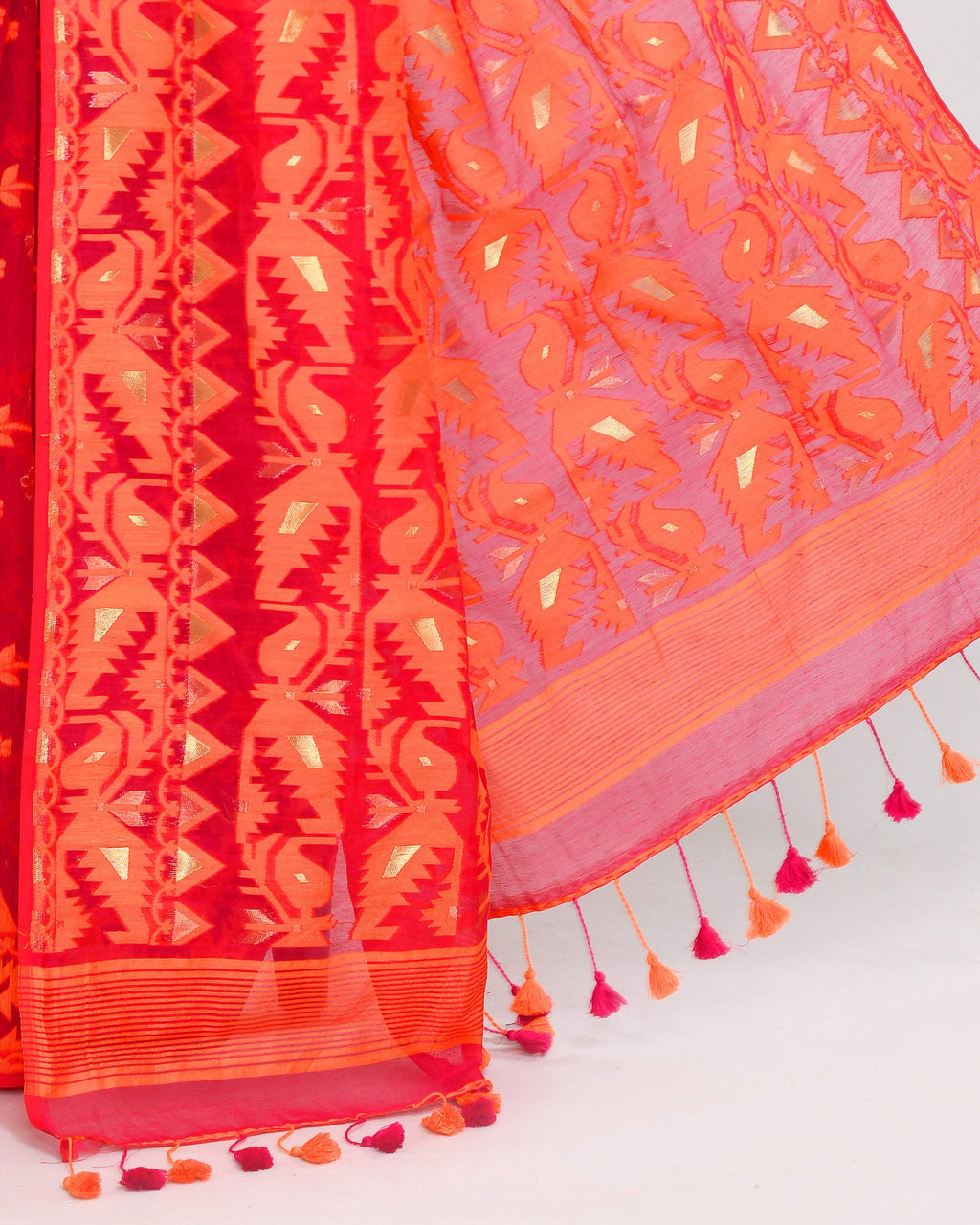Rani Orange Cotton Silk Jamdani Saree with Woven Details