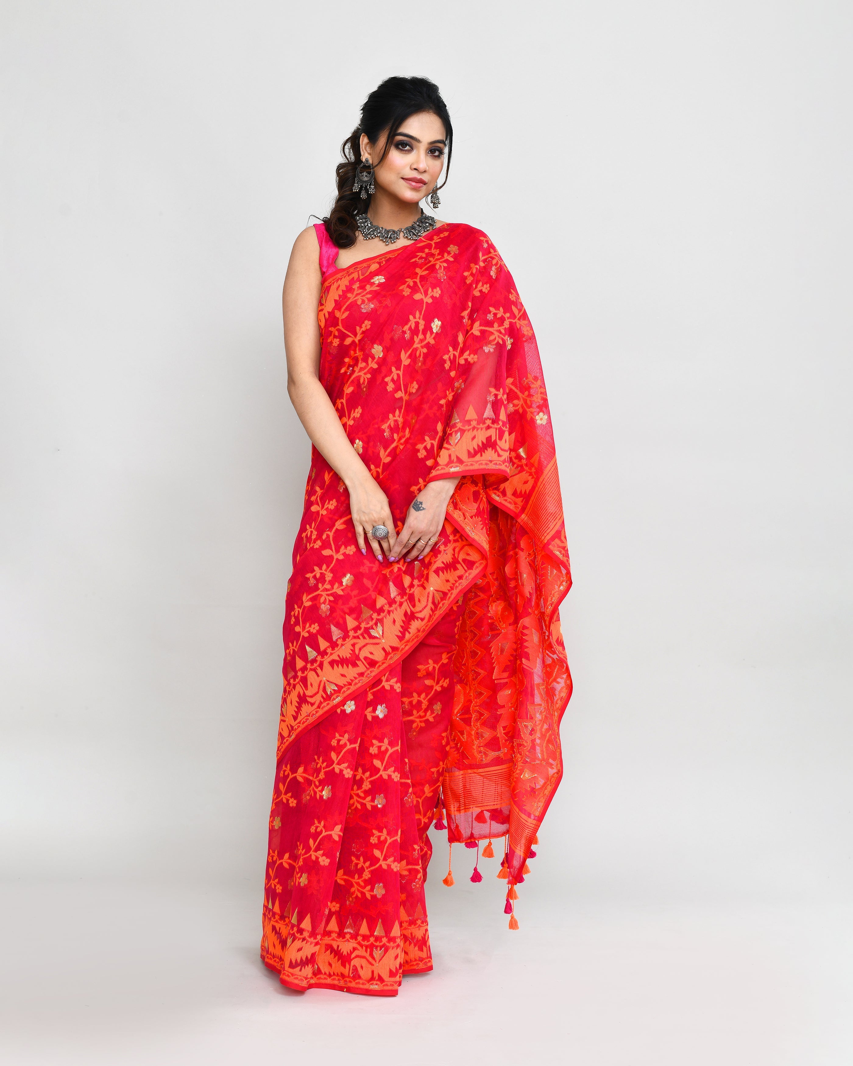 Rani Orange Cotton Silk Jamdani Saree with Woven Details