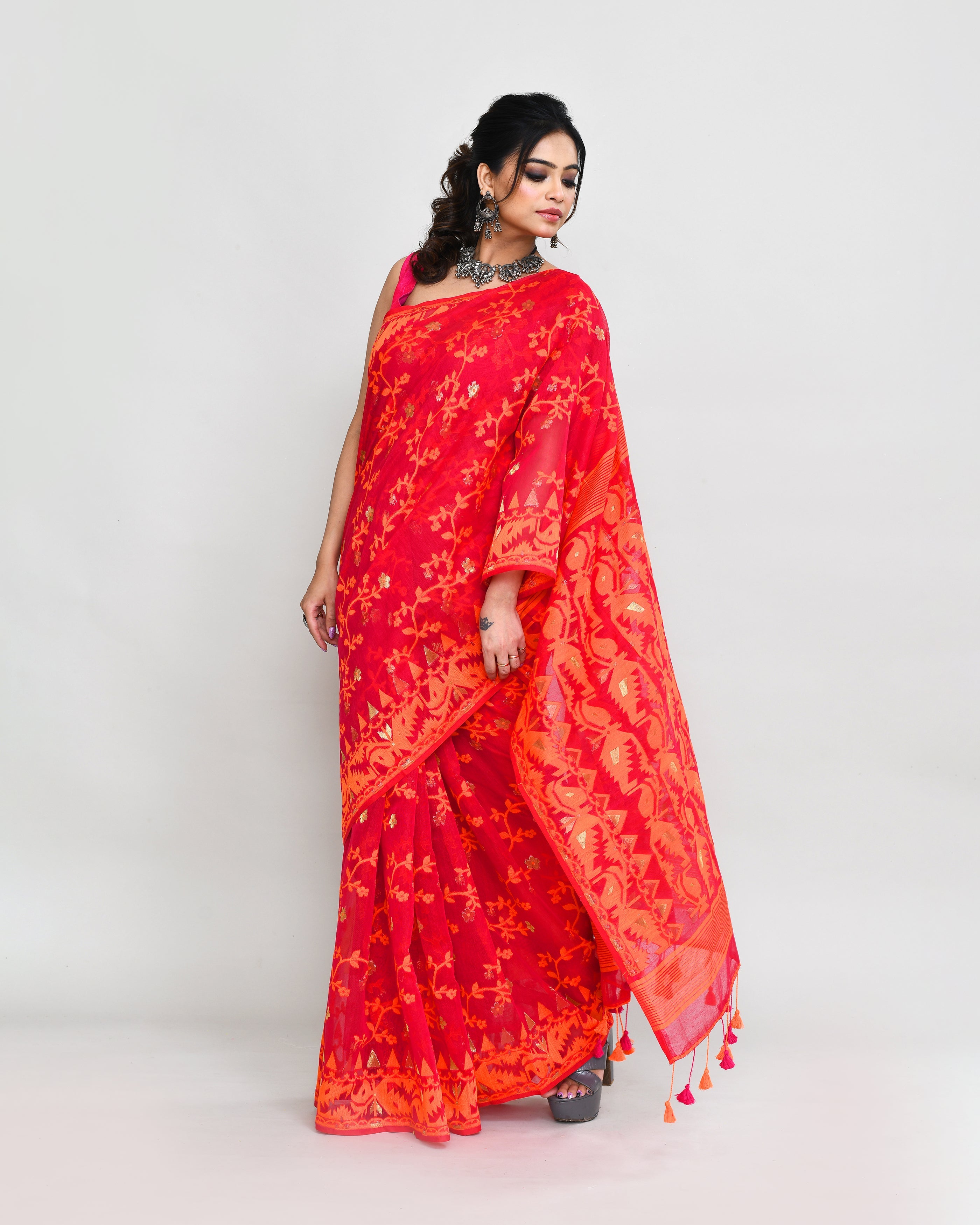 Rani Orange Cotton Silk Jamdani Saree with Woven Details