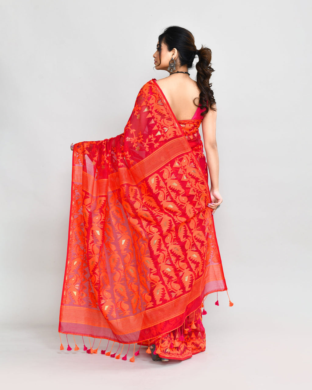 Rani Orange Cotton Silk Jamdani Saree with Woven Details