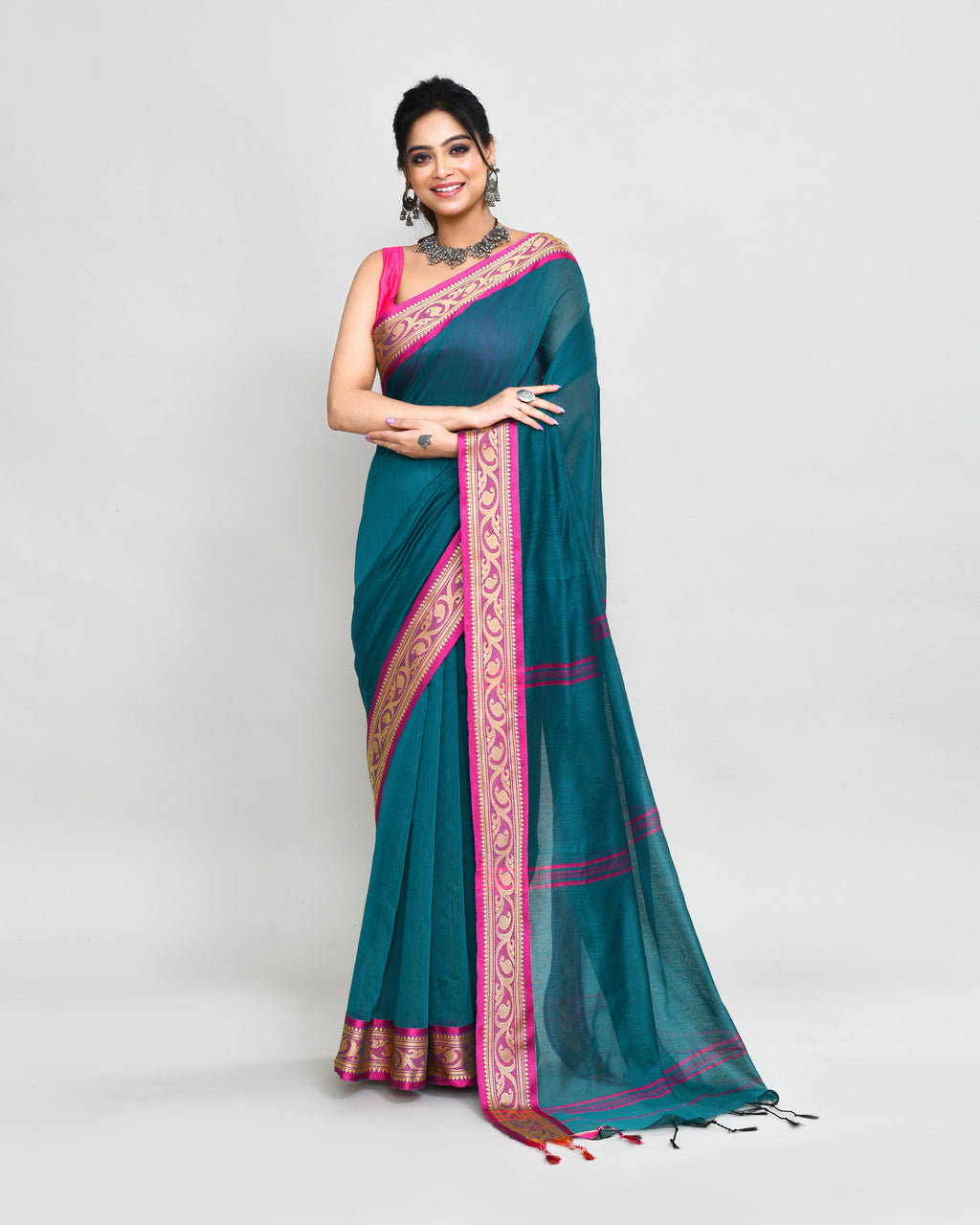 Vibrant teal cotton silk handloom saree with matching blouse piece