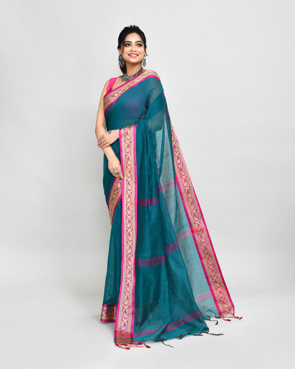Teal Cotton Silk Handloom Saree with Matching Blouse Piece
