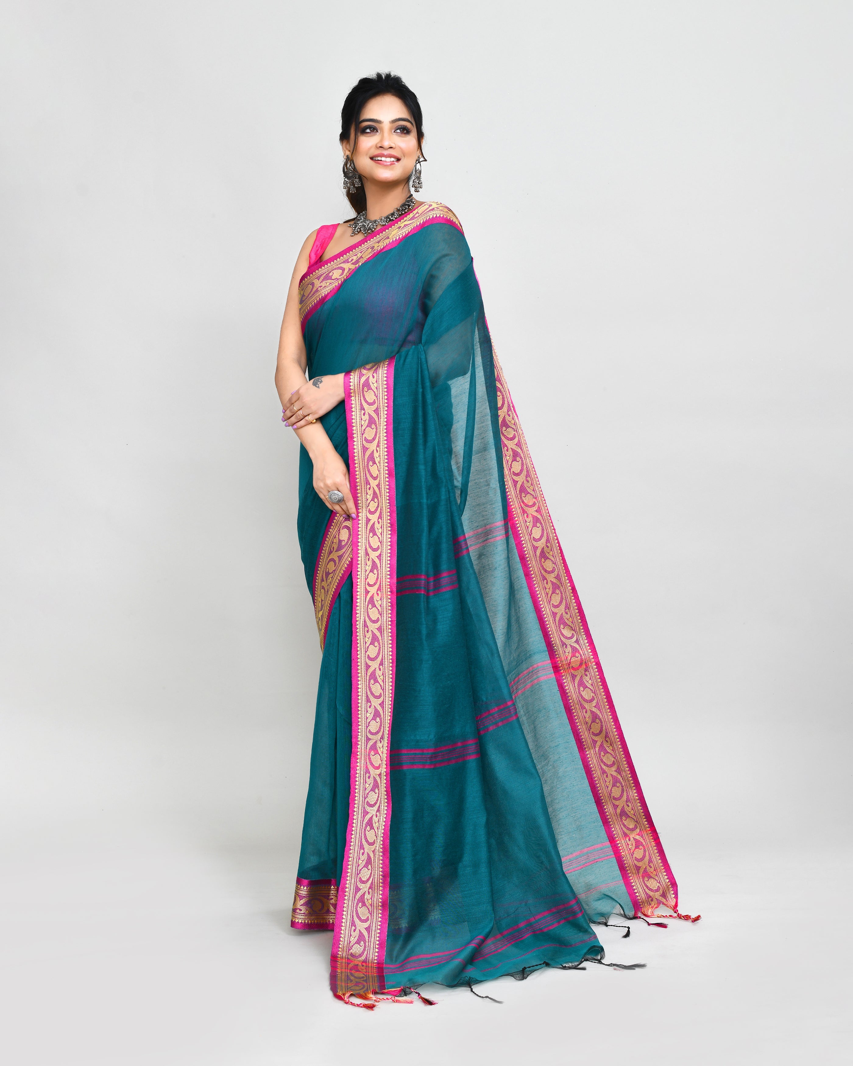Teal Cotton Silk Handloom Saree with Matching Blouse Piece