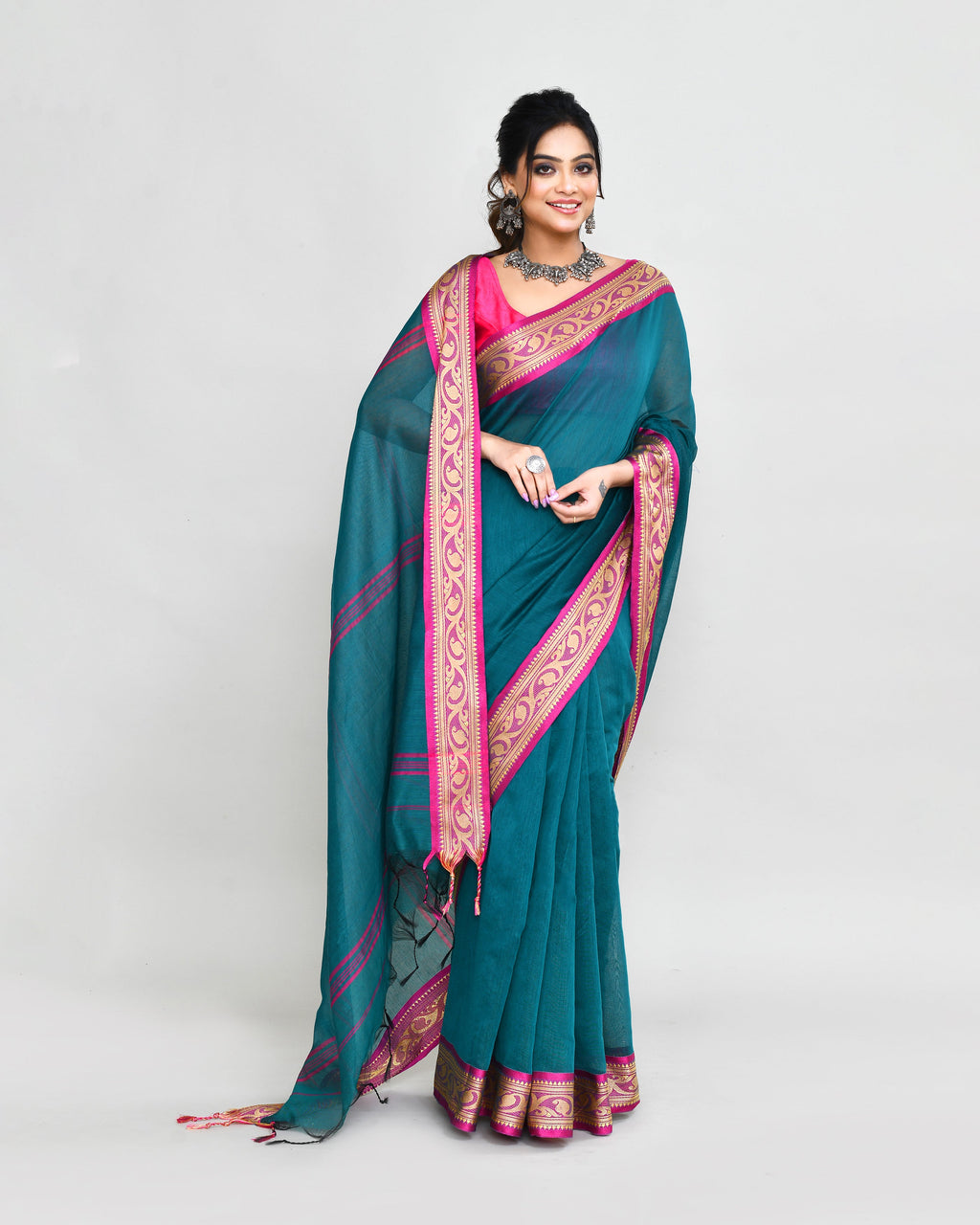 Teal Cotton Silk Handloom Saree with Matching Blouse Piece