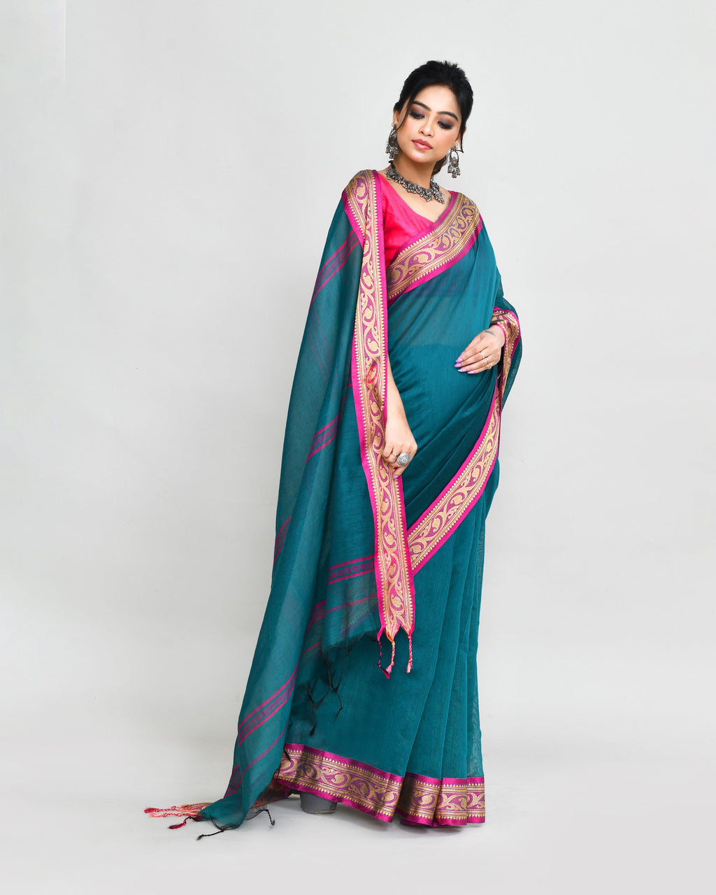 Teal Cotton Silk Handloom Saree with Matching Blouse Piece
