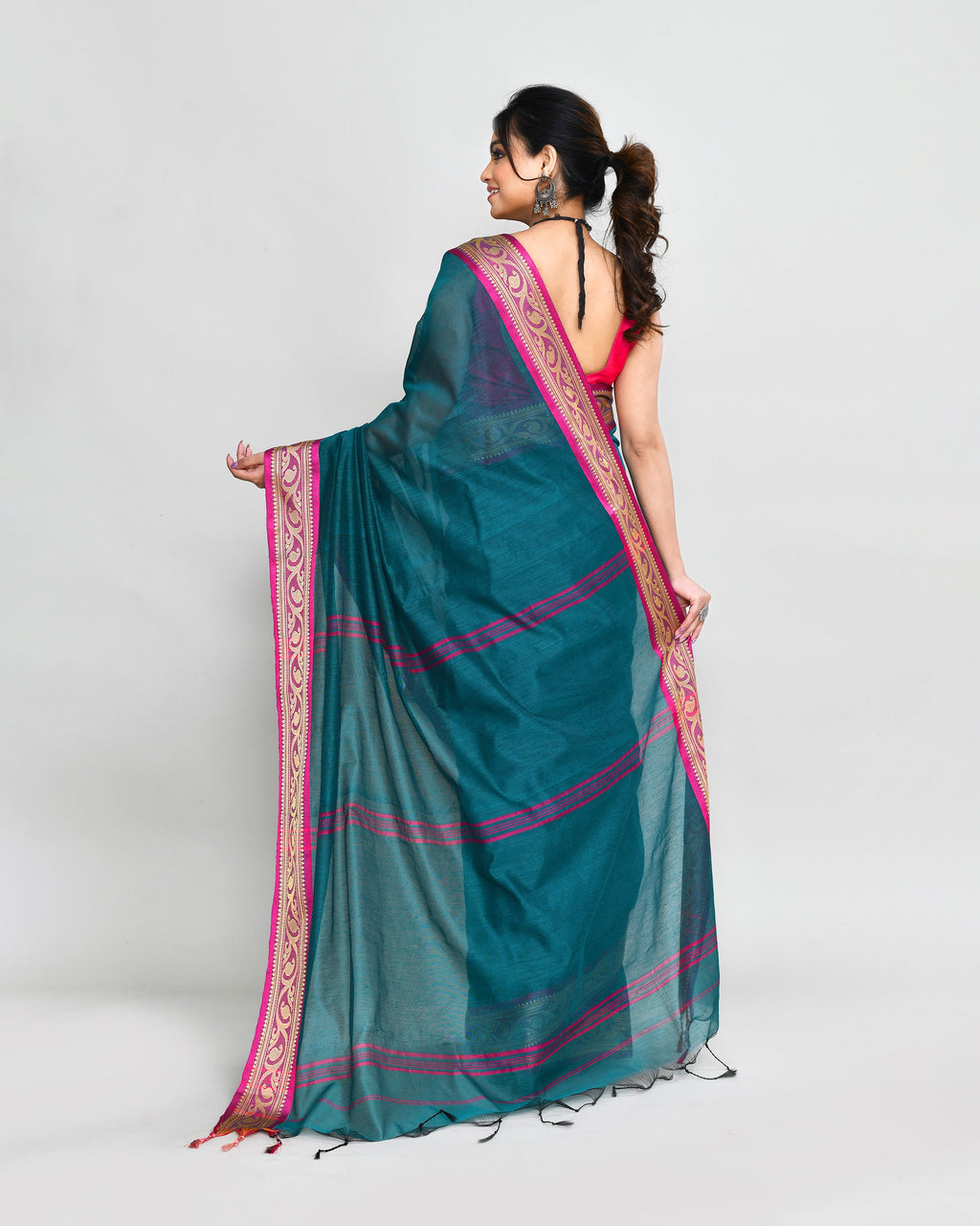Teal Cotton Silk Handloom Saree with Matching Blouse Piece