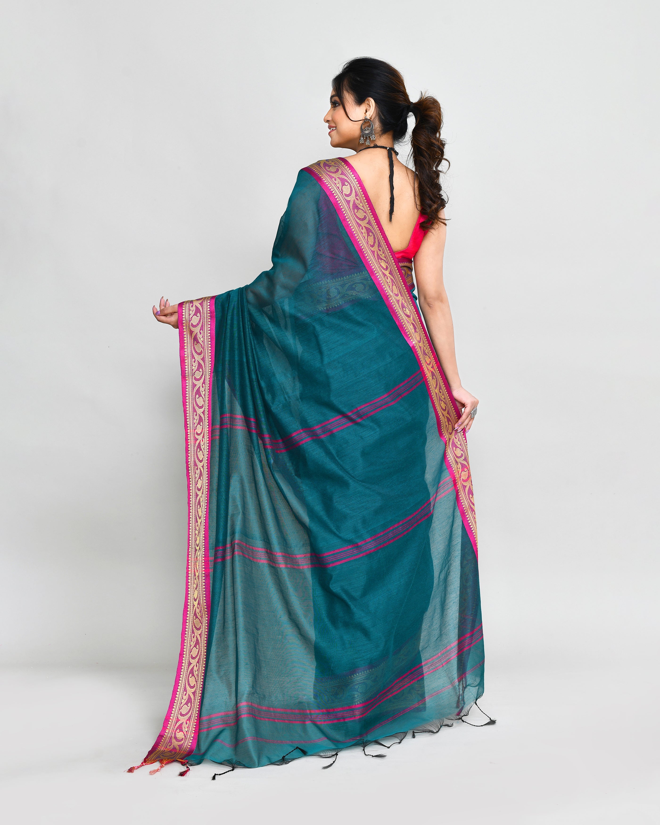 Teal Cotton Silk Handloom Saree with Matching Blouse Piece