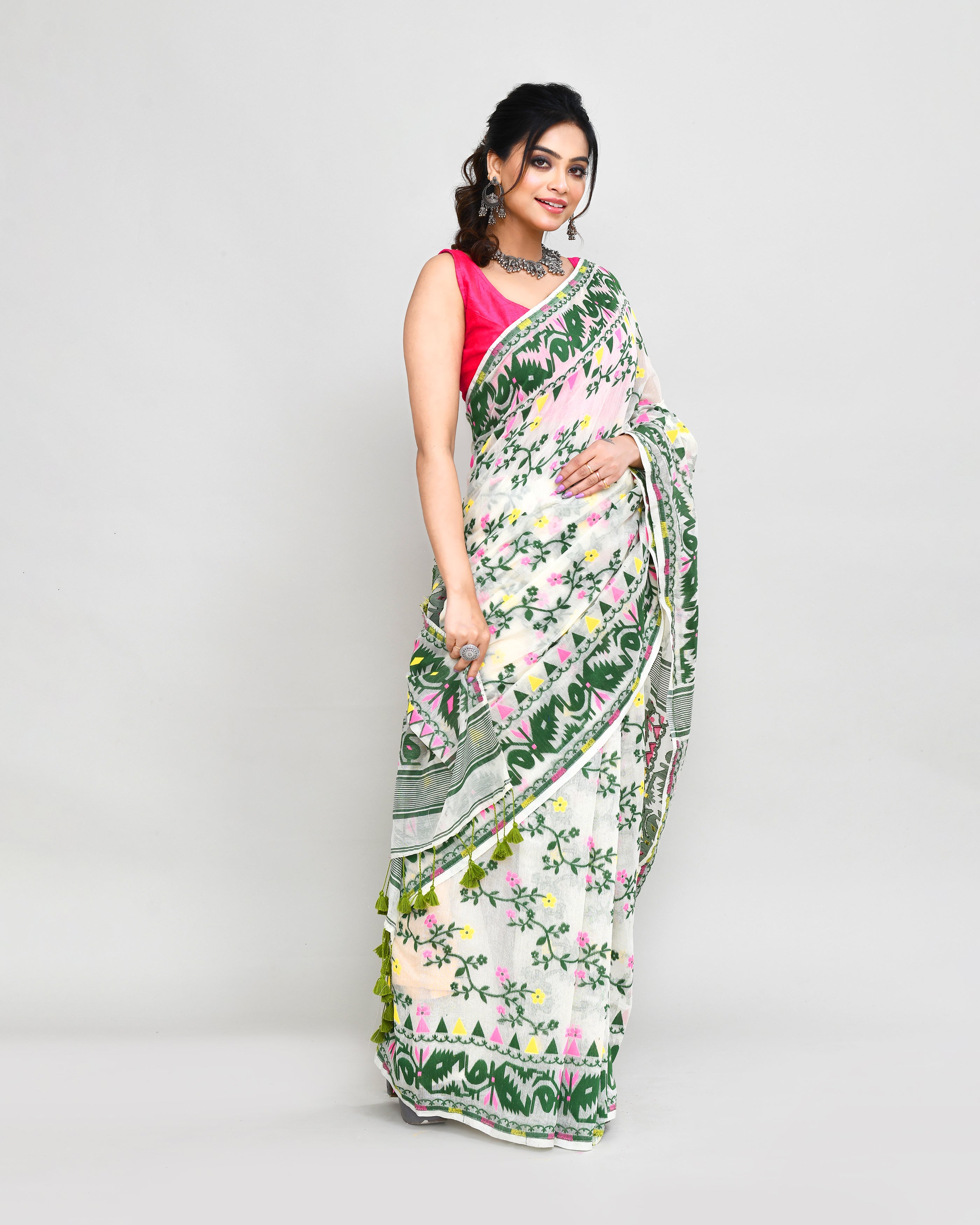 Piyari Fashion Women's Off White Green Cotton Silk Jamdani Saree