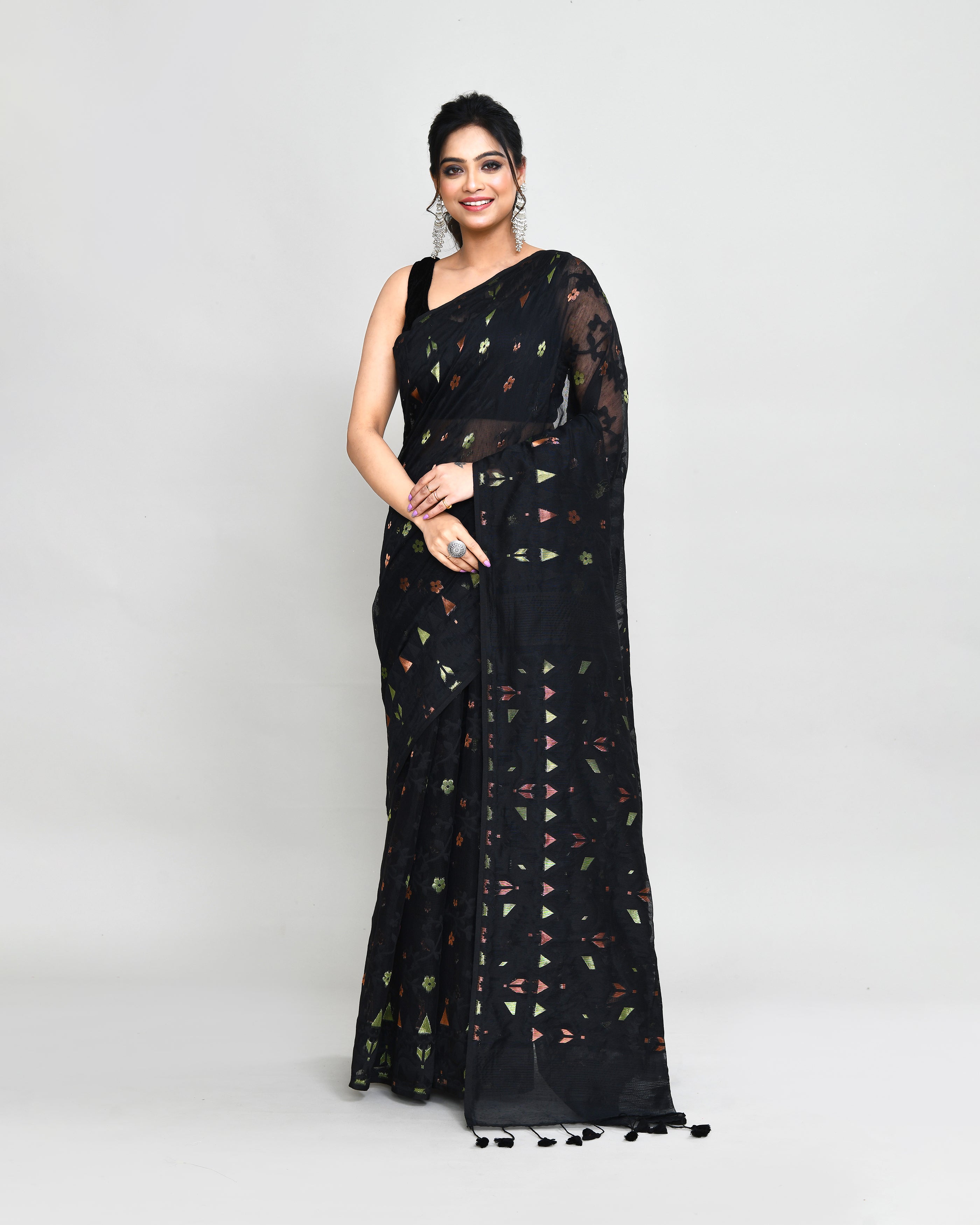 Black Cotton Silk Jamdani Saree with tassel details and matching blouse