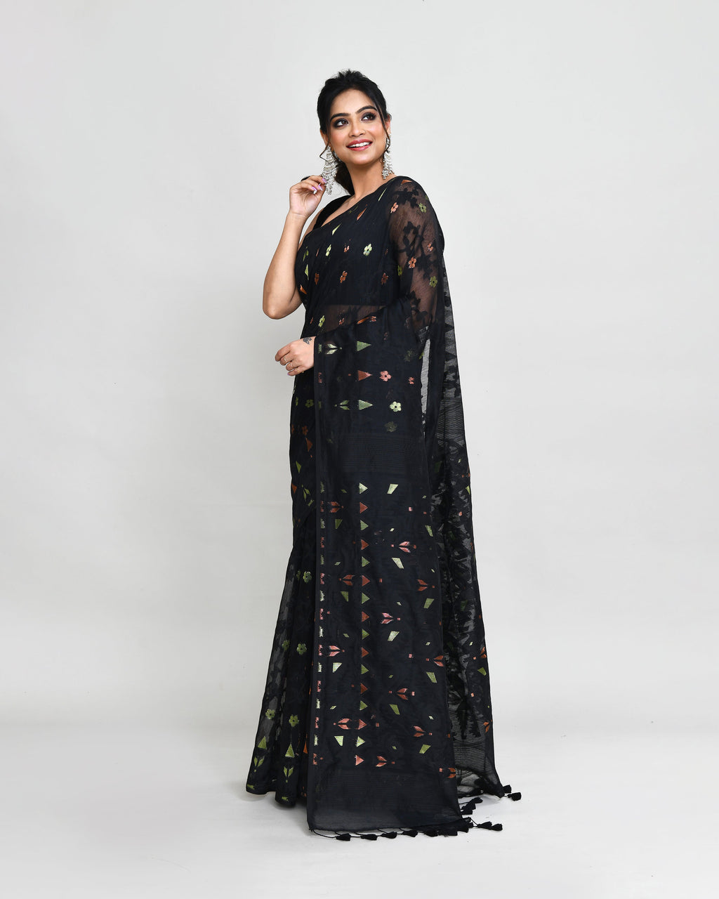 Black Cotton Silk Jamdani Saree with Tassels and Blouse