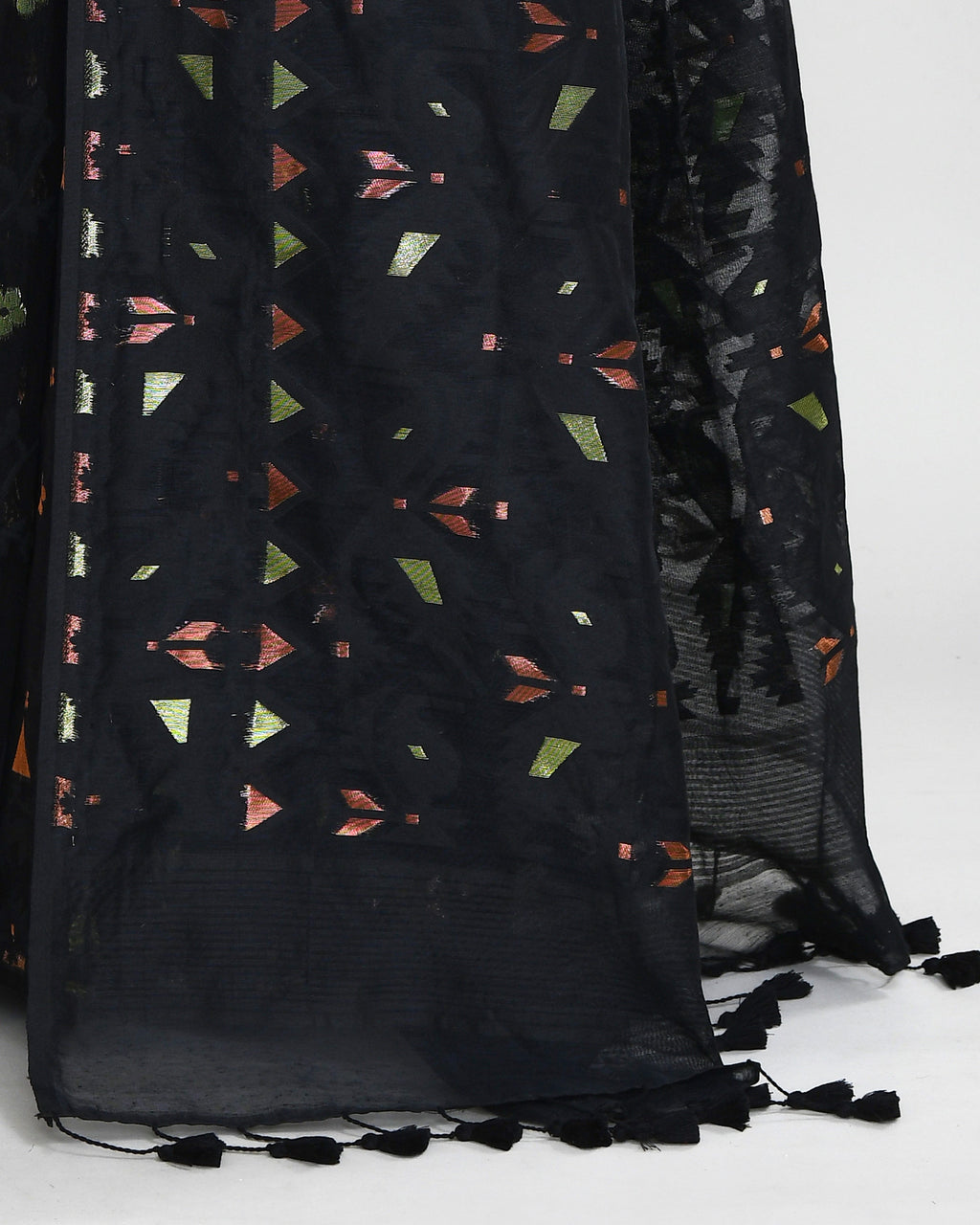 Black Cotton Silk Jamdani Saree with Tassels and Blouse
