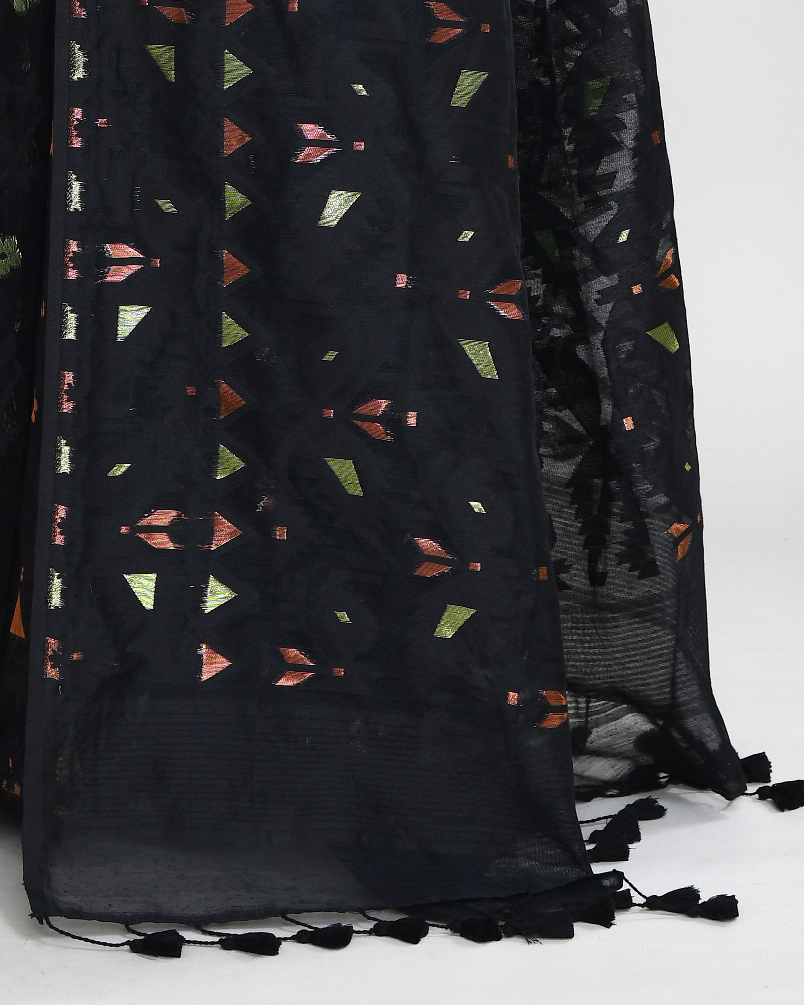Black Cotton Silk Jamdani Saree with Tassels and Blouse
