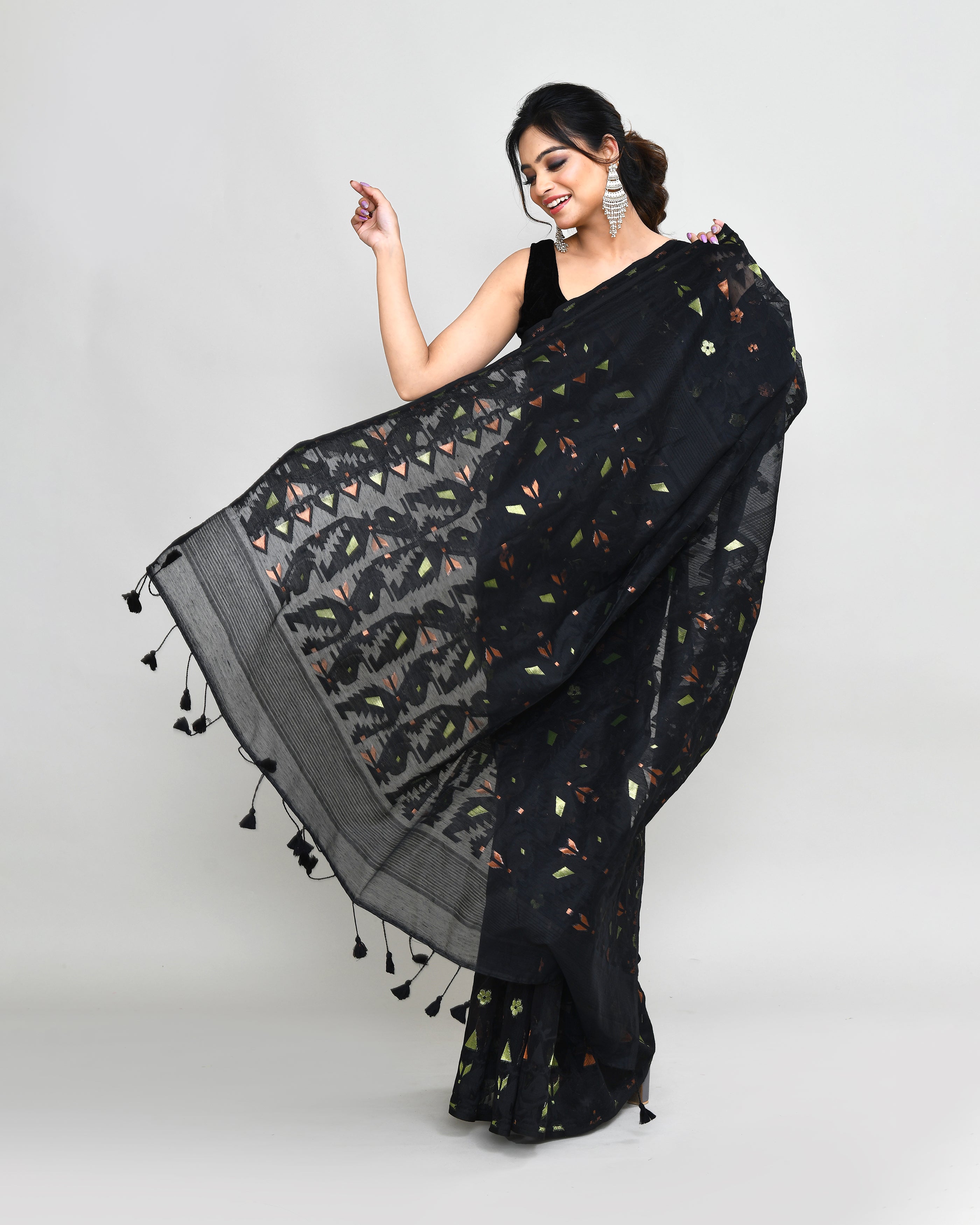 Black Cotton Silk Jamdani Saree with Tassels and Blouse