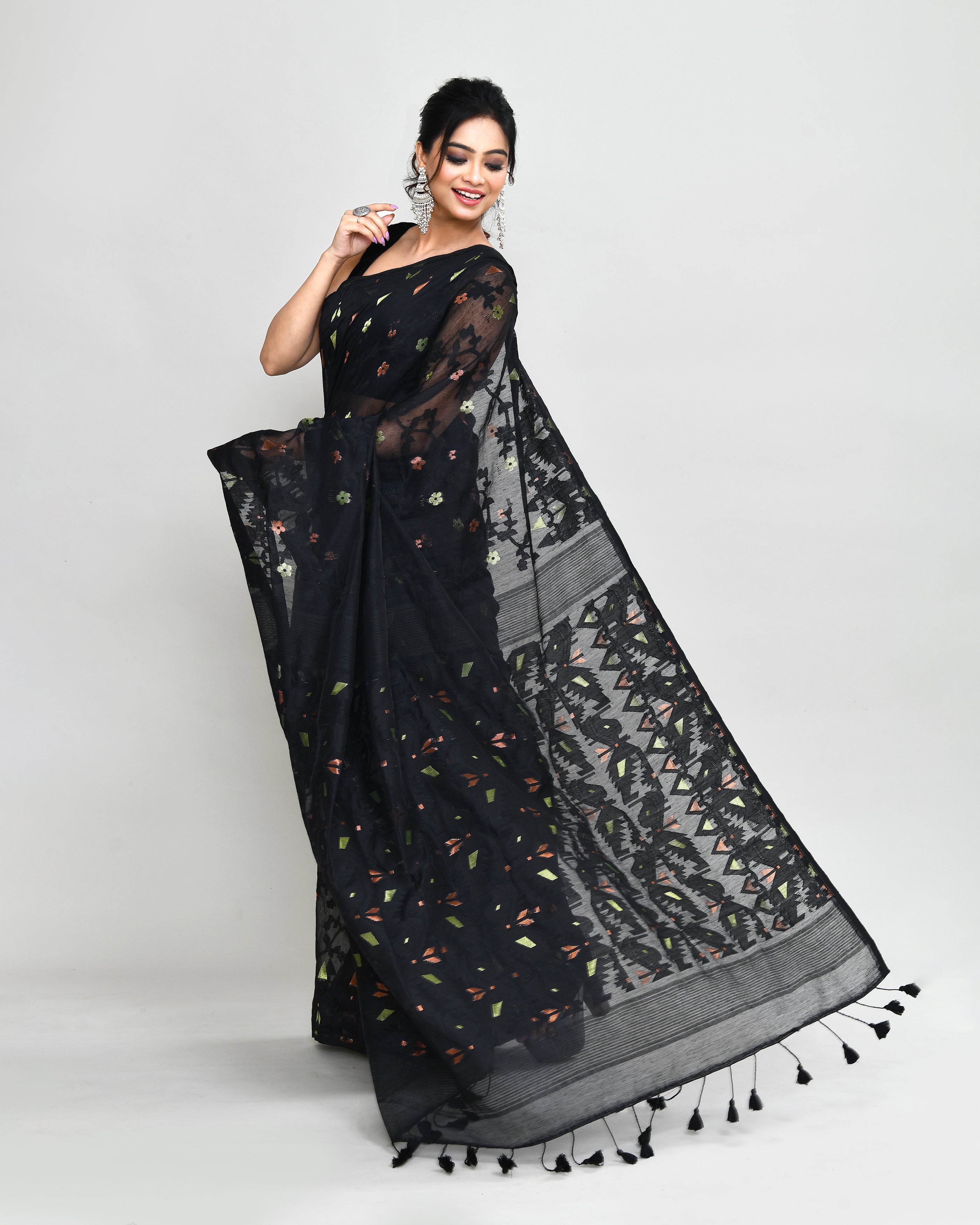 Black Cotton Silk Jamdani Saree with Tassels and Blouse