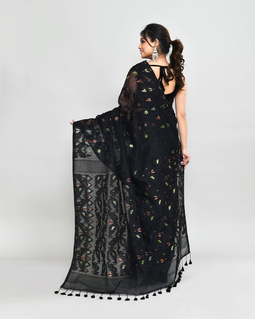 Black Cotton Silk Jamdani Saree with Tassels and Blouse