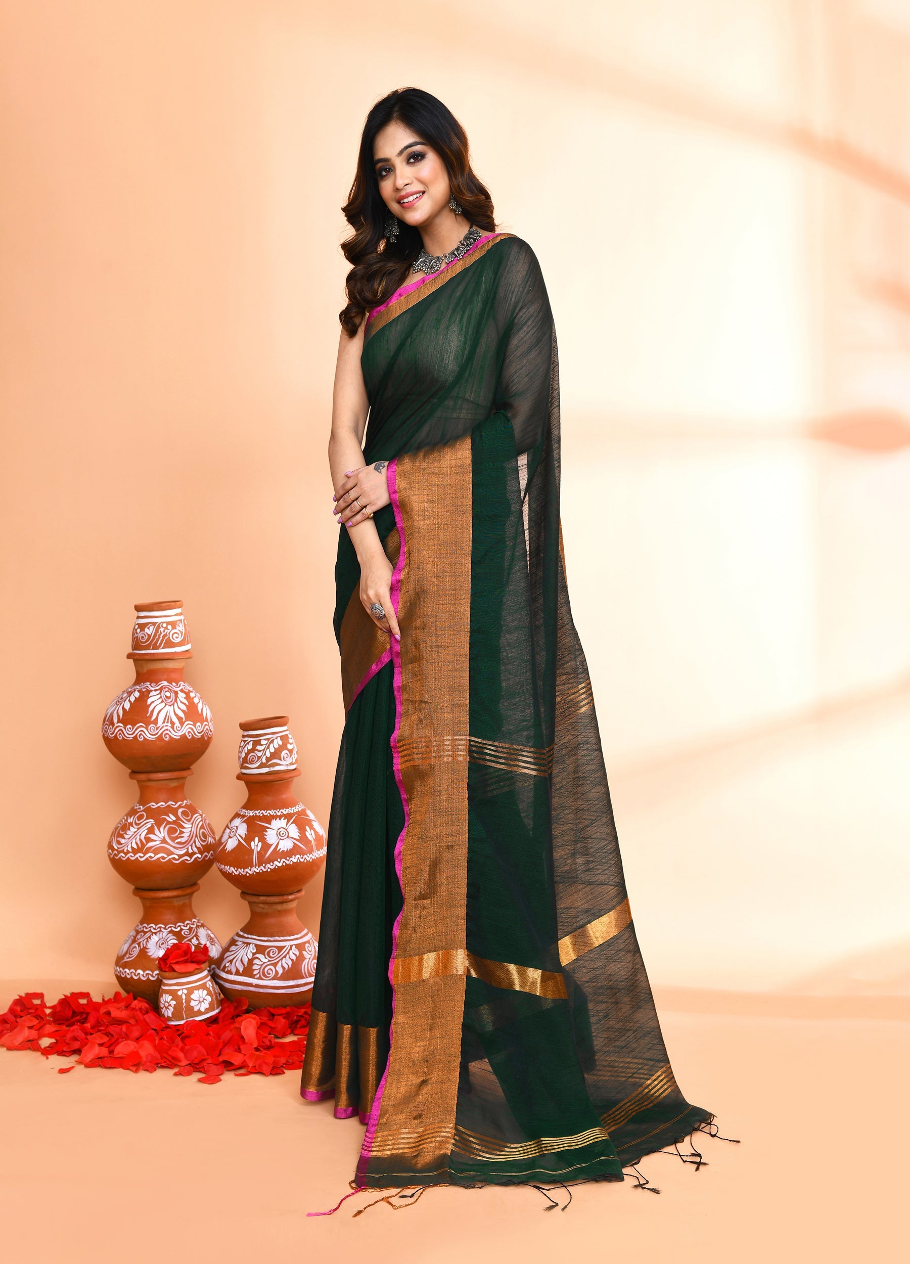 Dark Green Cotton Blend Handloom Saree with Matching Blouse