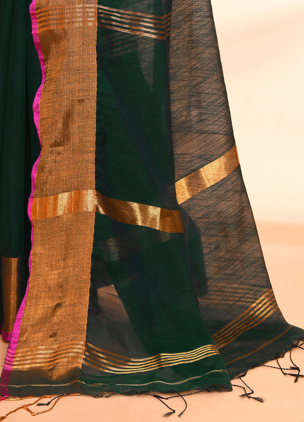 Dark Green Cotton Blend Handloom Saree with Matching Blouse