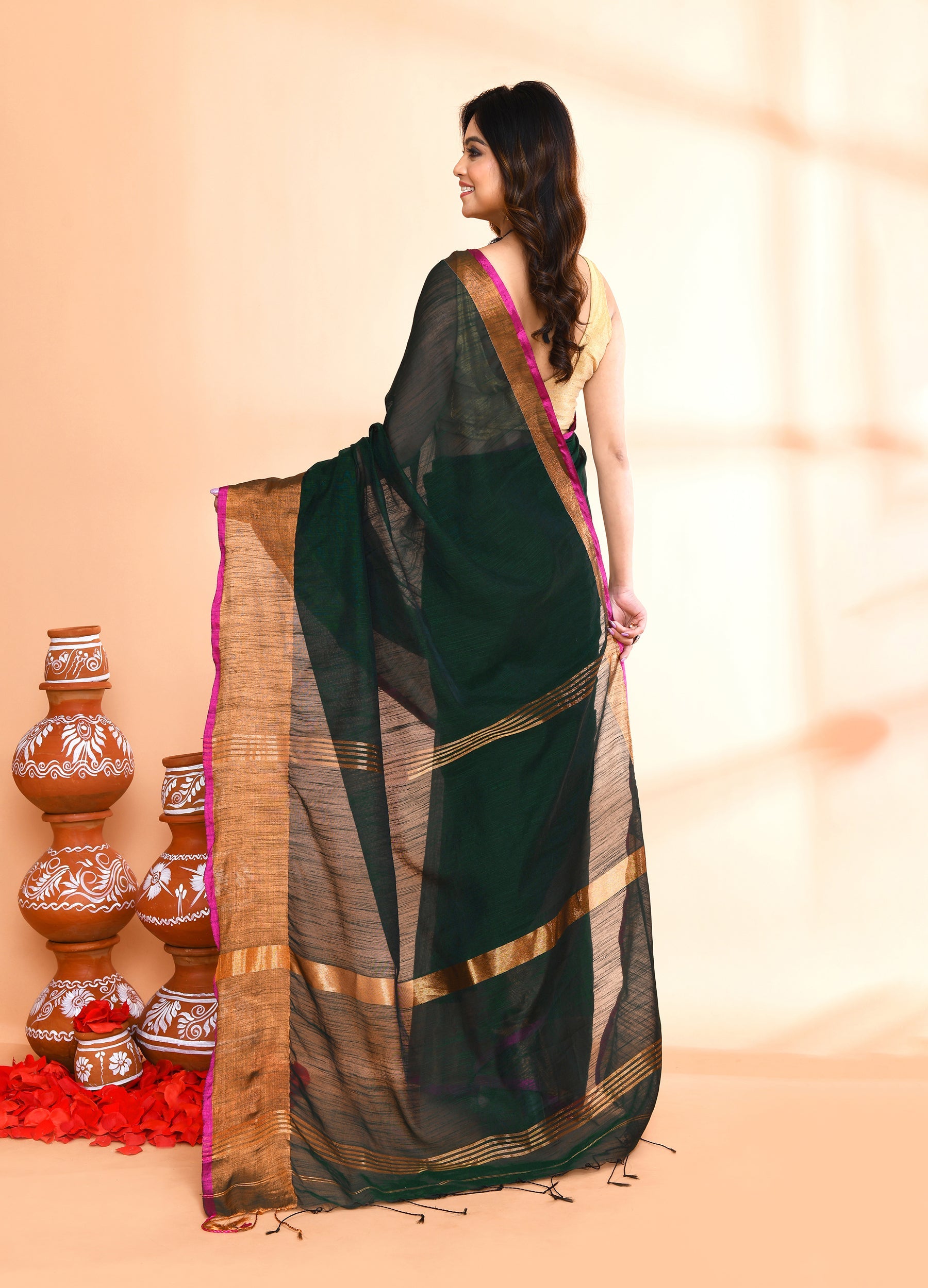 Dark Green Cotton Blend Handloom Saree with Matching Blouse