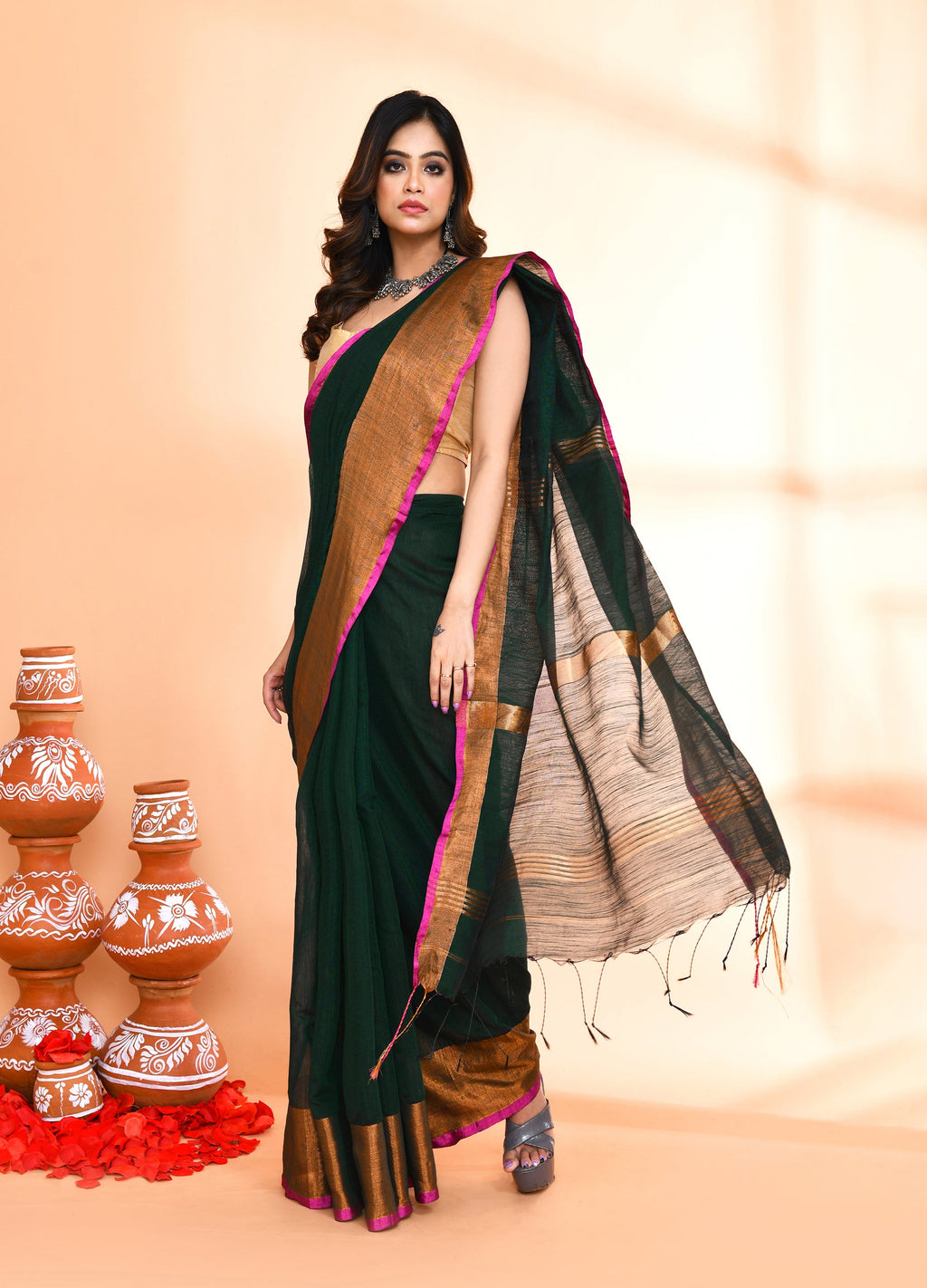 Dark Green Cotton Blend Handloom Saree with Matching Blouse