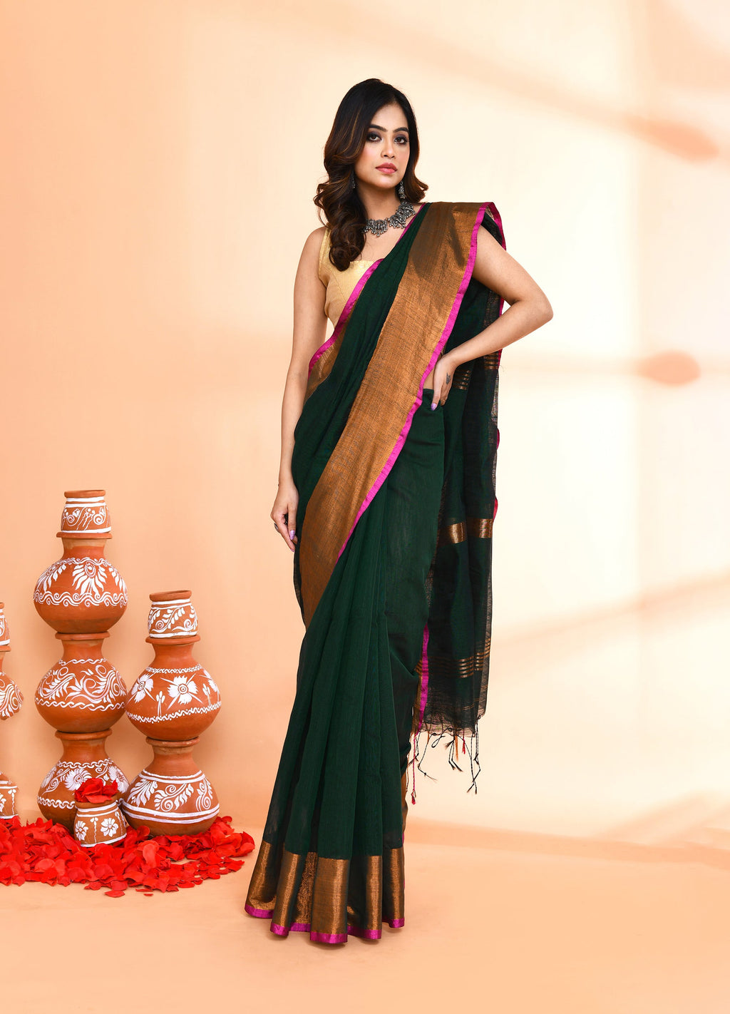 Dark Green Cotton Blend Handloom Saree with Matching Blouse