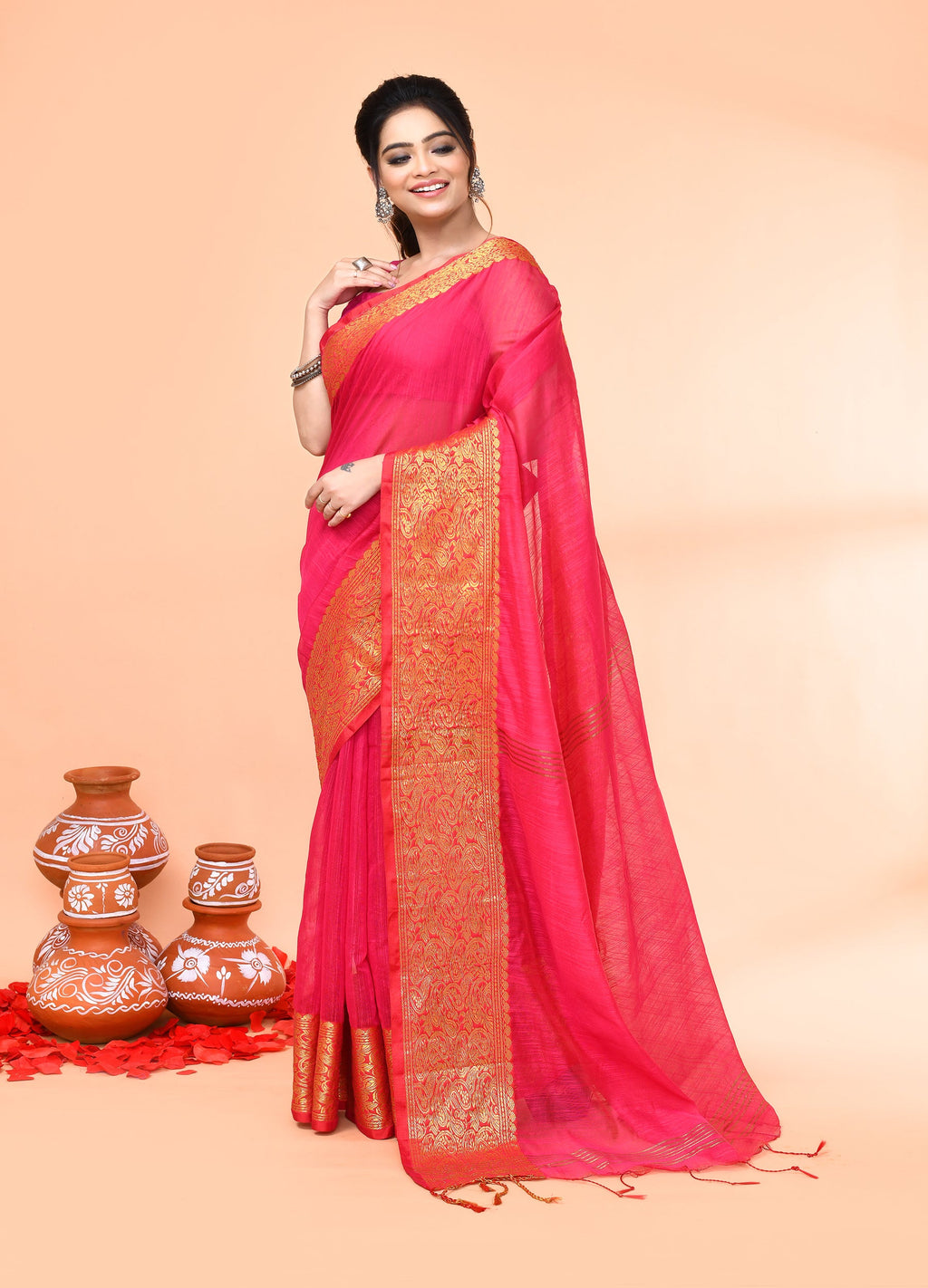 Women`s Rani Cotton Blend Handloom Saree with Matching Blouse
