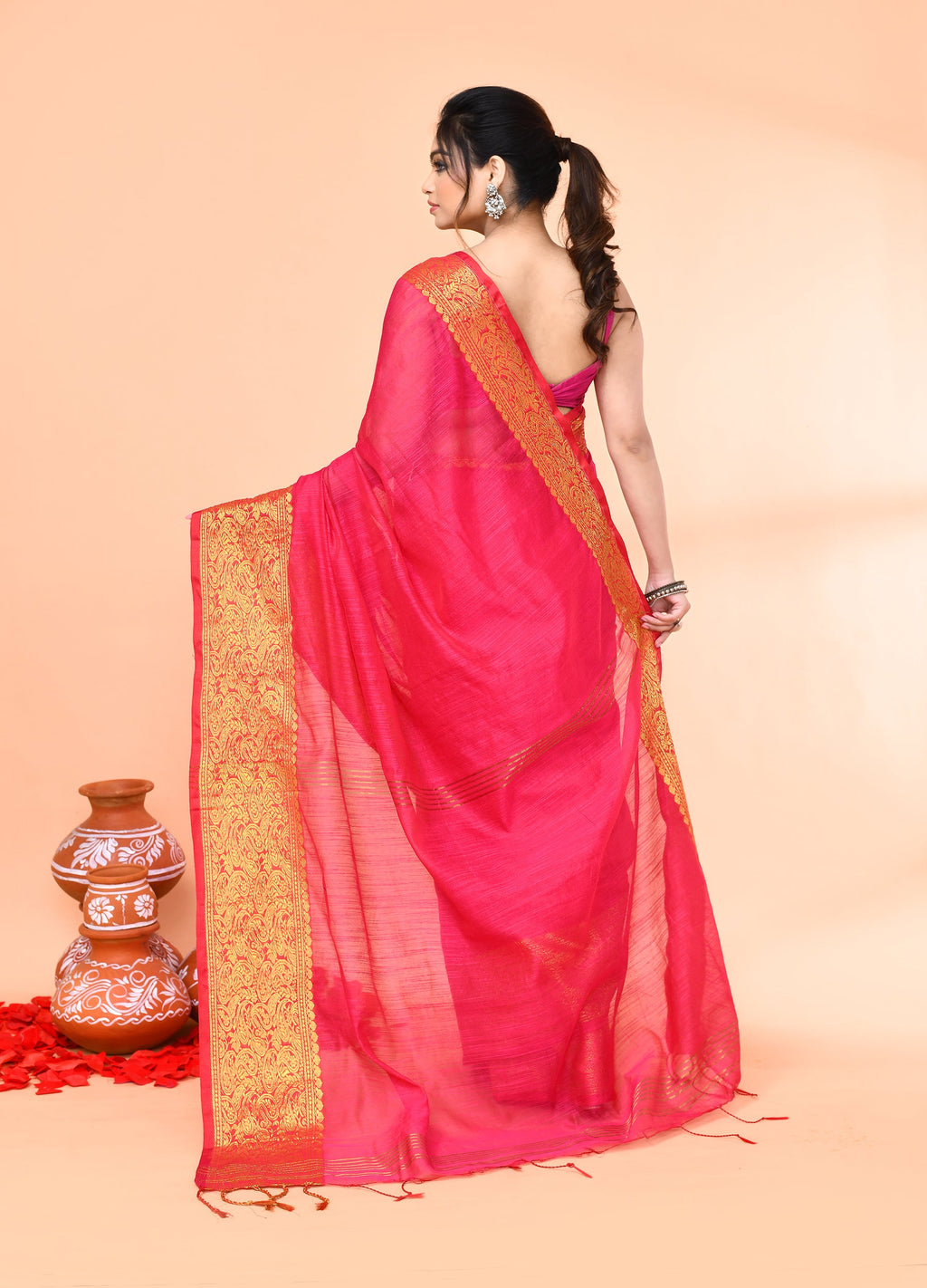 Women`s Rani Cotton Blend Handloom Saree with Matching Blouse