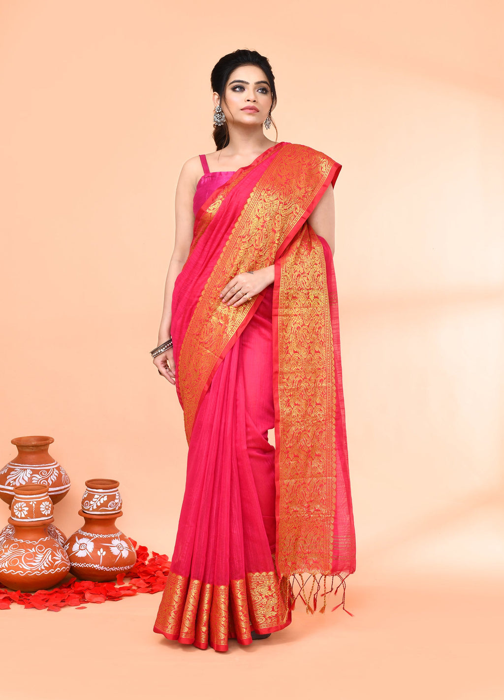 Women`s Rani Cotton Blend Handloom Saree with Matching Blouse