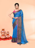 Sky blue handloom cotton blend saree with matching blouse, showcasing its vibrant shade
