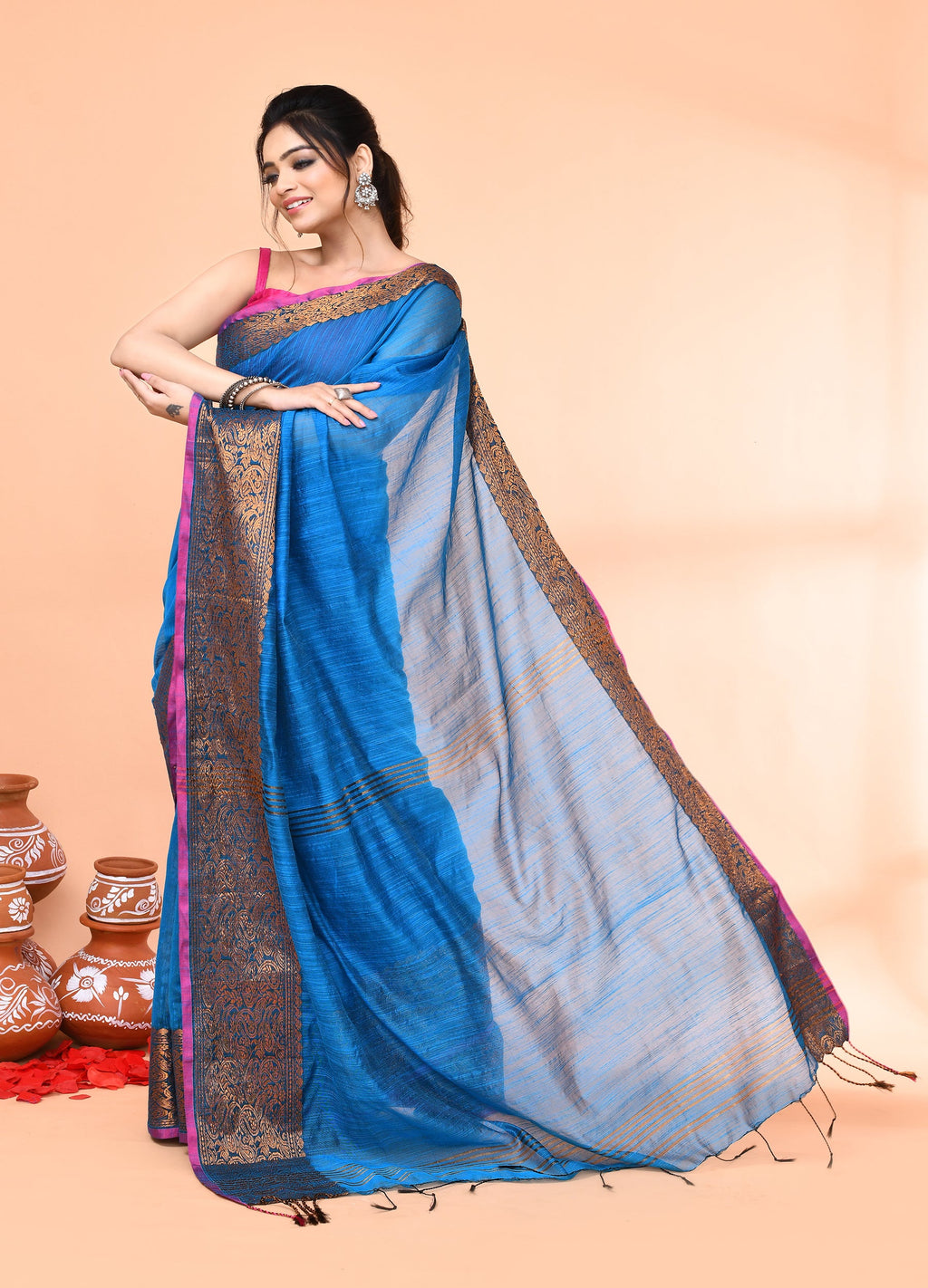 Sky Blue Handloom Cotton Blend Saree with Matching Blouse