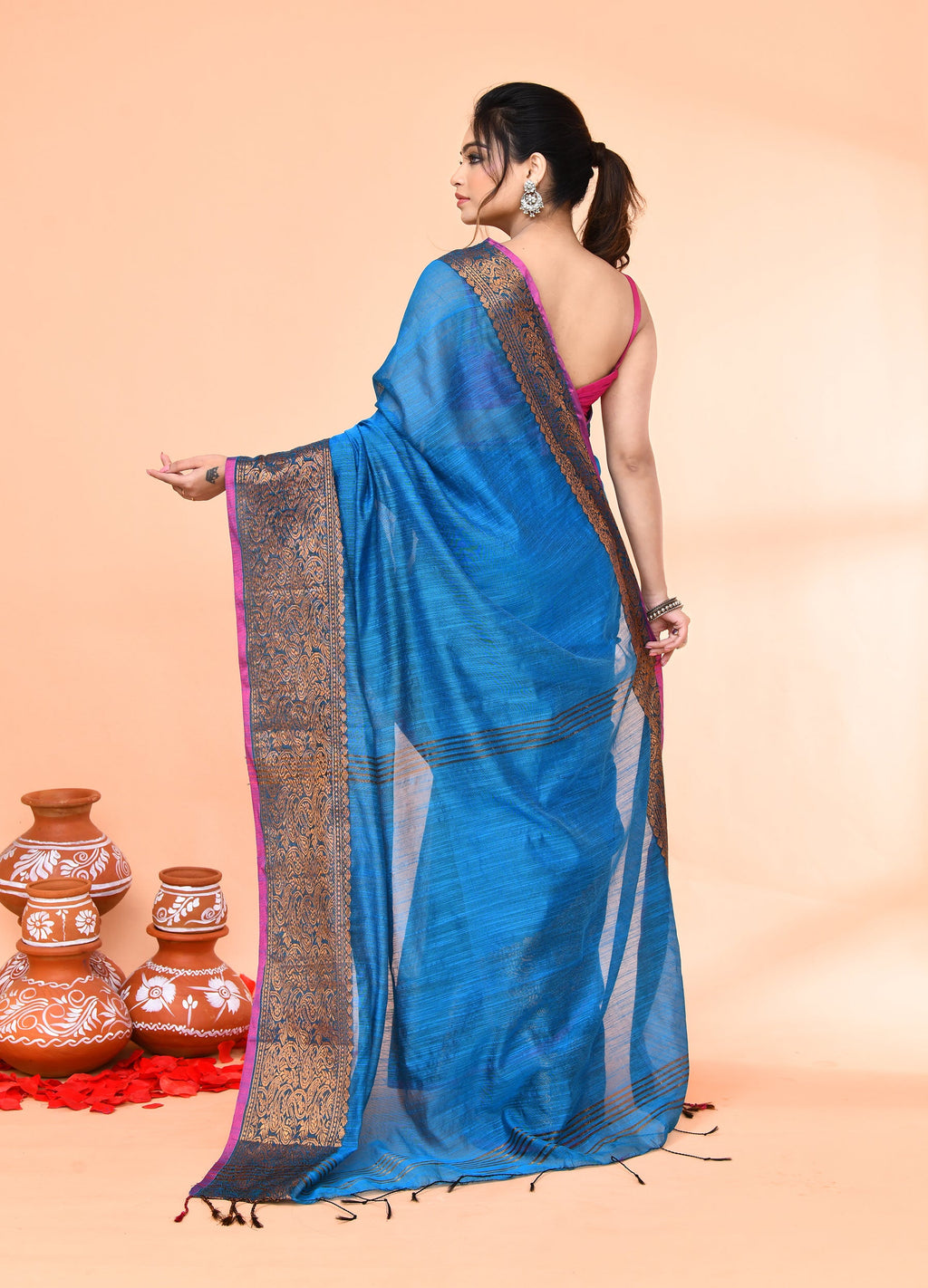 Sky Blue Handloom Cotton Blend Saree with Matching Blouse