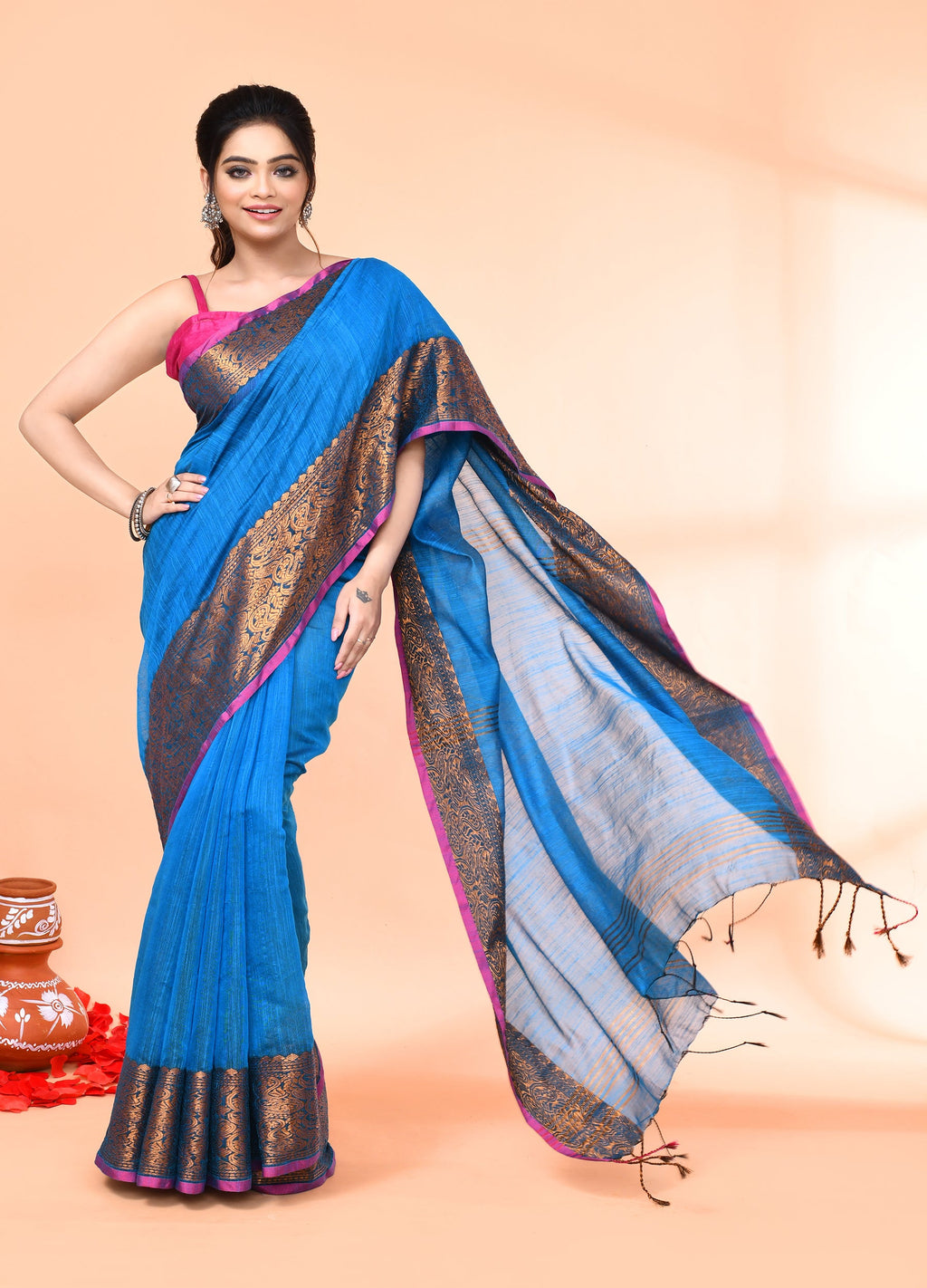 Sky Blue Handloom Cotton Blend Saree with Matching Blouse