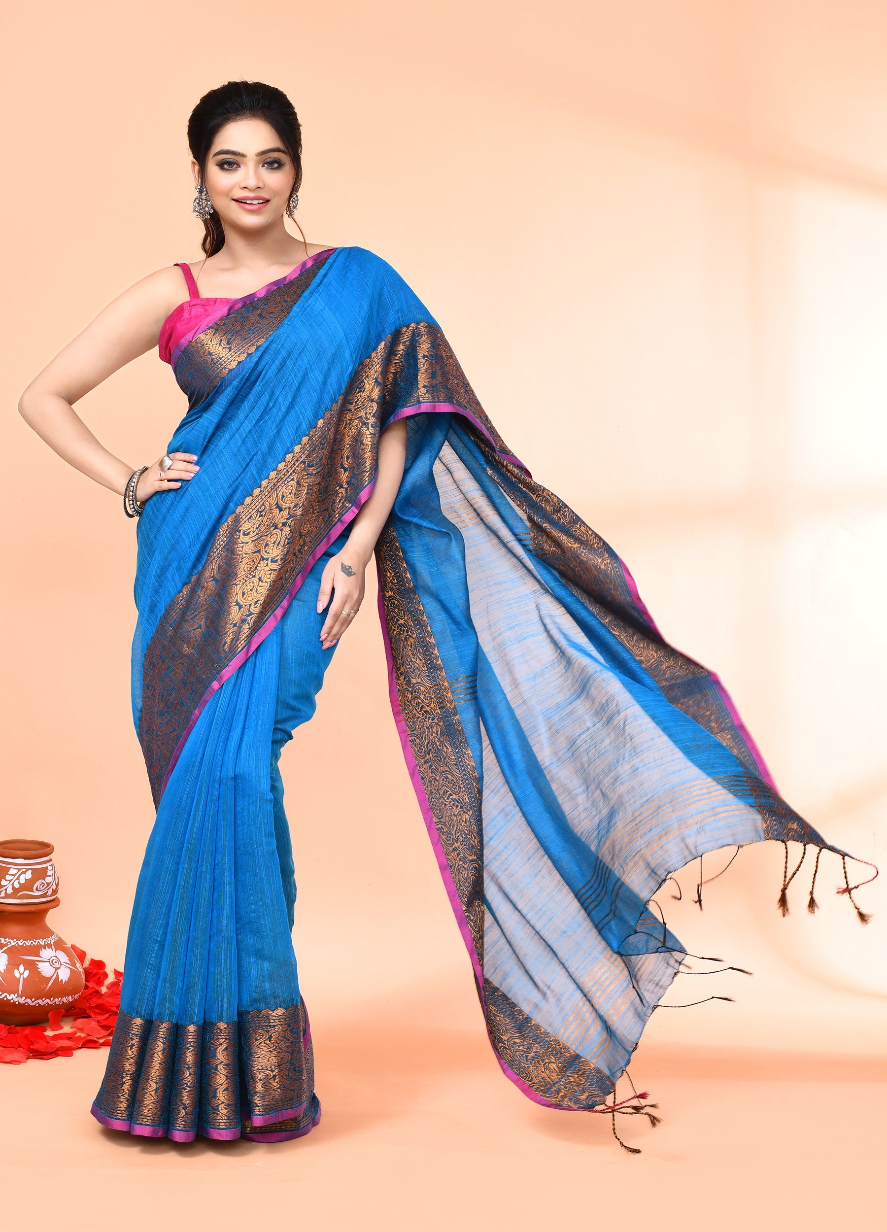 Sky Blue Handloom Cotton Blend Saree with Matching Blouse