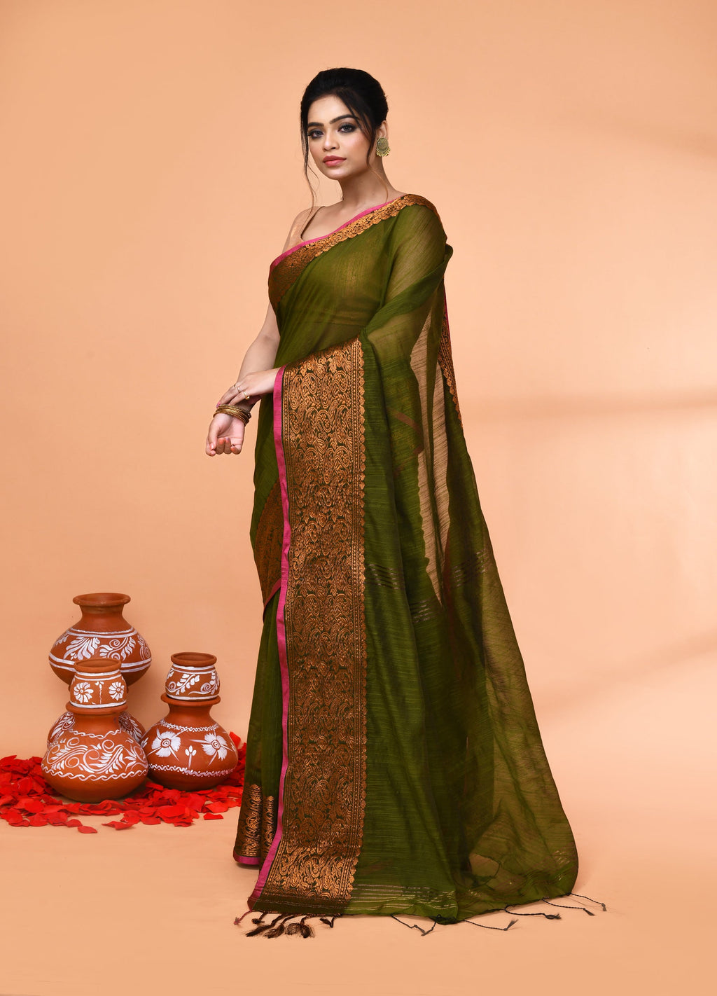 Moss Green Cotton Blend Handloom Saree with Matching Blouse