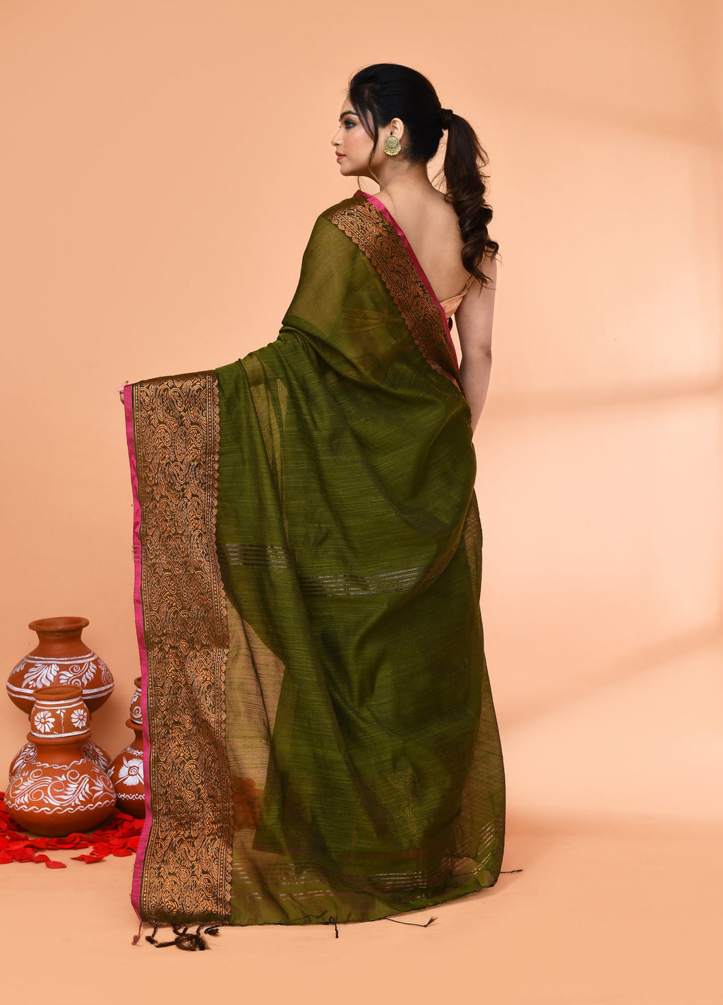 Moss Green Cotton Blend Handloom Saree with Matching Blouse