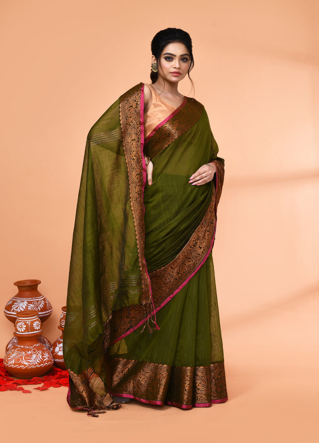 Moss Green Cotton Blend Handloom Saree with Matching Blouse