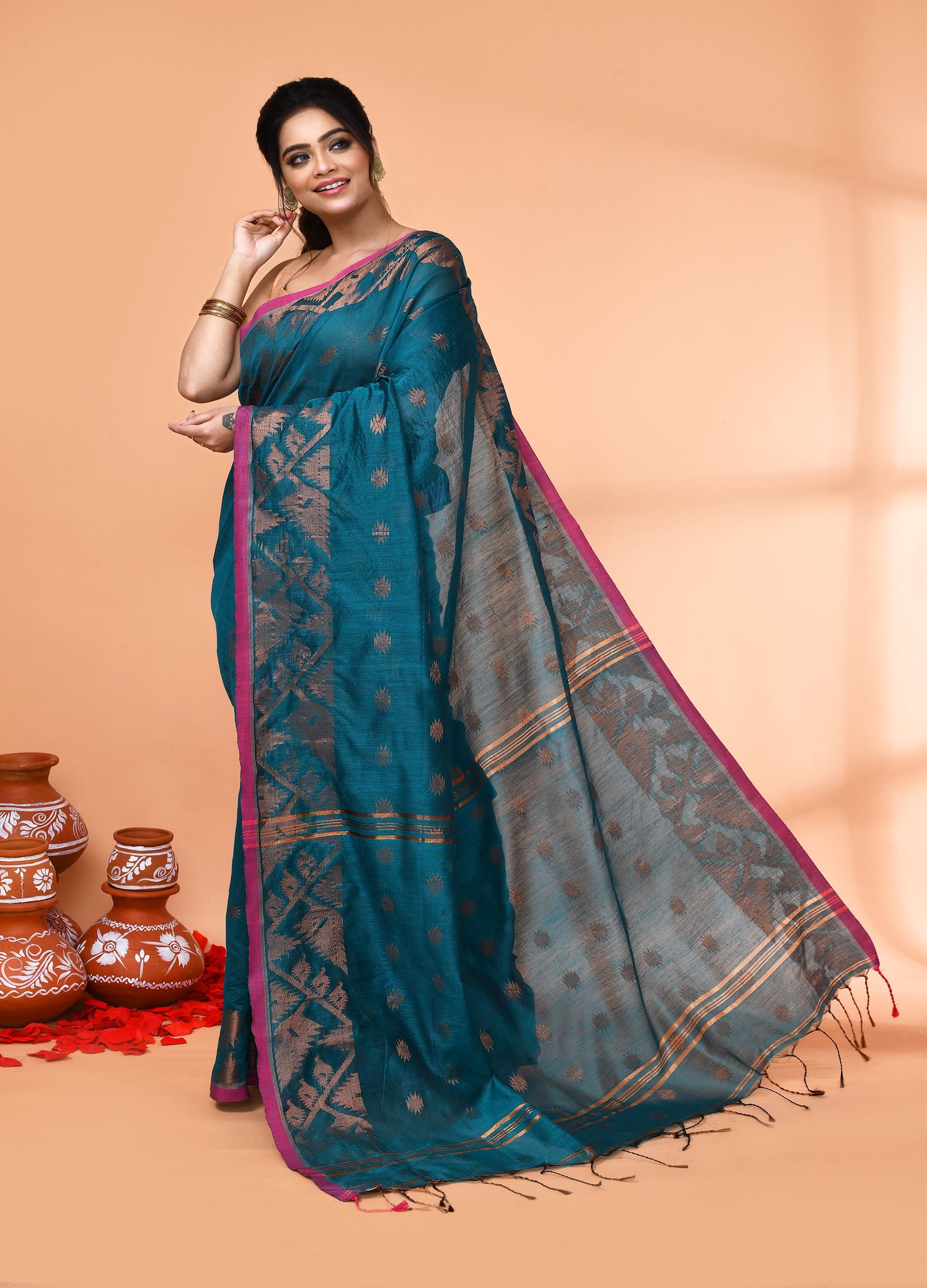 Teal Handloom Cotton Blend Saree with Matching Blouse Piece