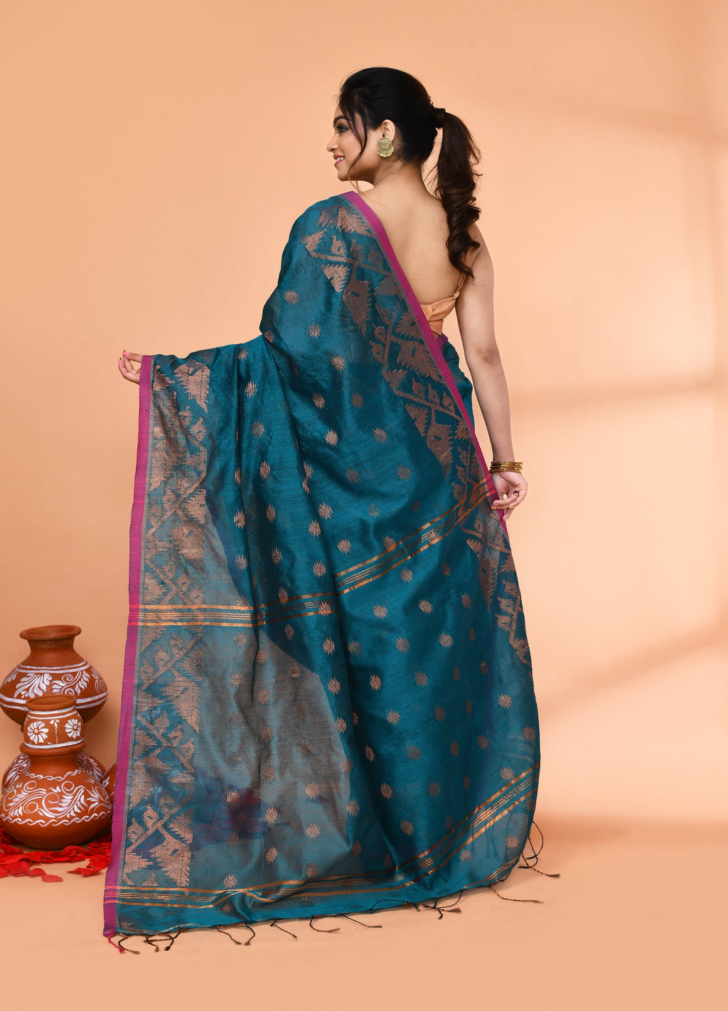 Teal Handloom Cotton Blend Saree with Matching Blouse Piece