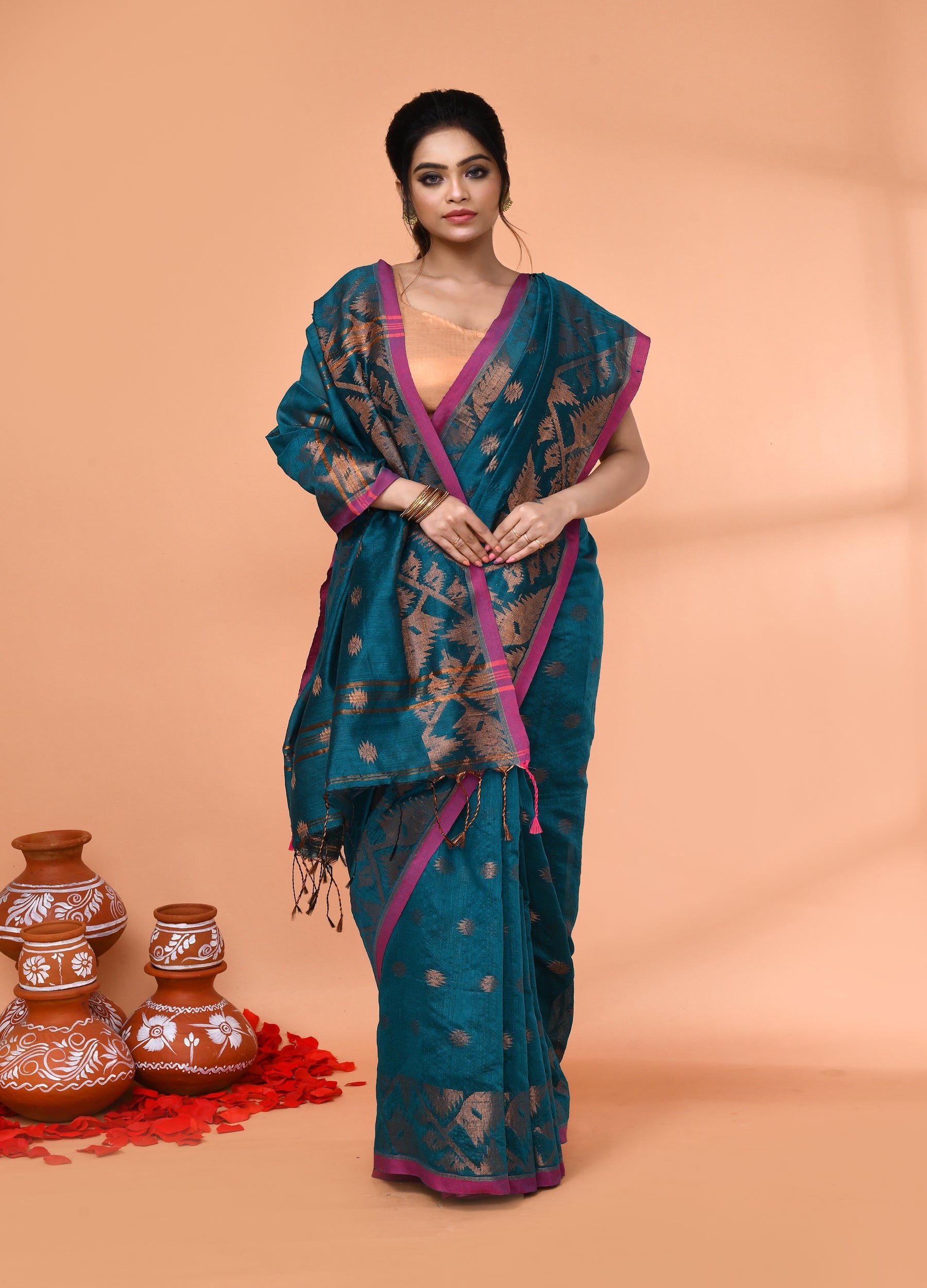 Teal Handloom Cotton Blend Saree with Matching Blouse Piece