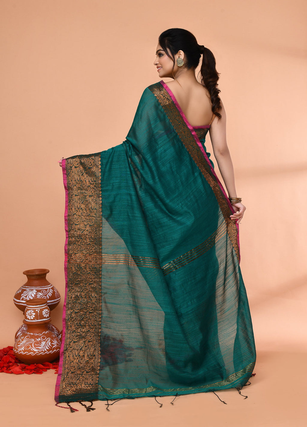 Piyari Fashion Women`s Cotton Blend Teal Handloom Saree With Blouse