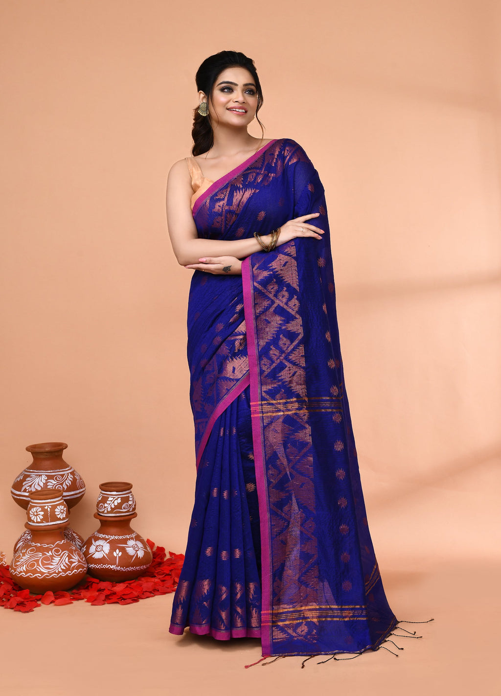Royal Blue handloom cotton blend saree with matching blouse draped elegantly