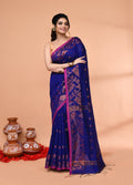 Royal Blue handloom cotton blend saree with matching blouse draped elegantly