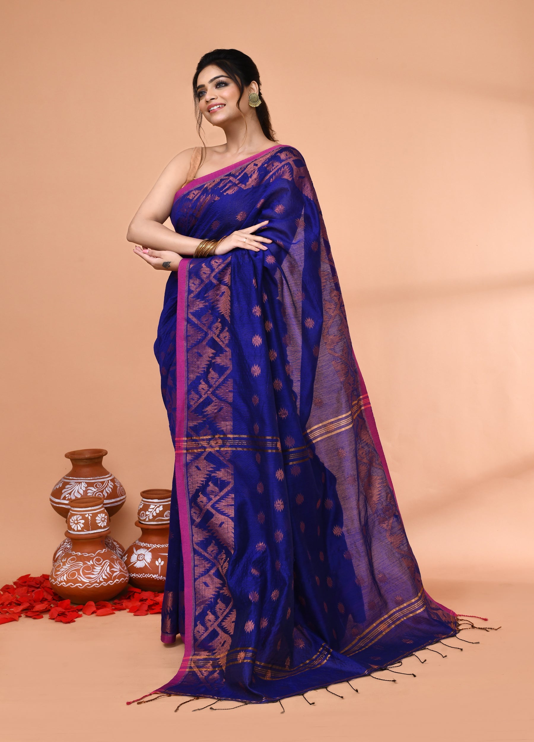 Royal Blue Handloom Cotton Blend Saree with Matching Blouse