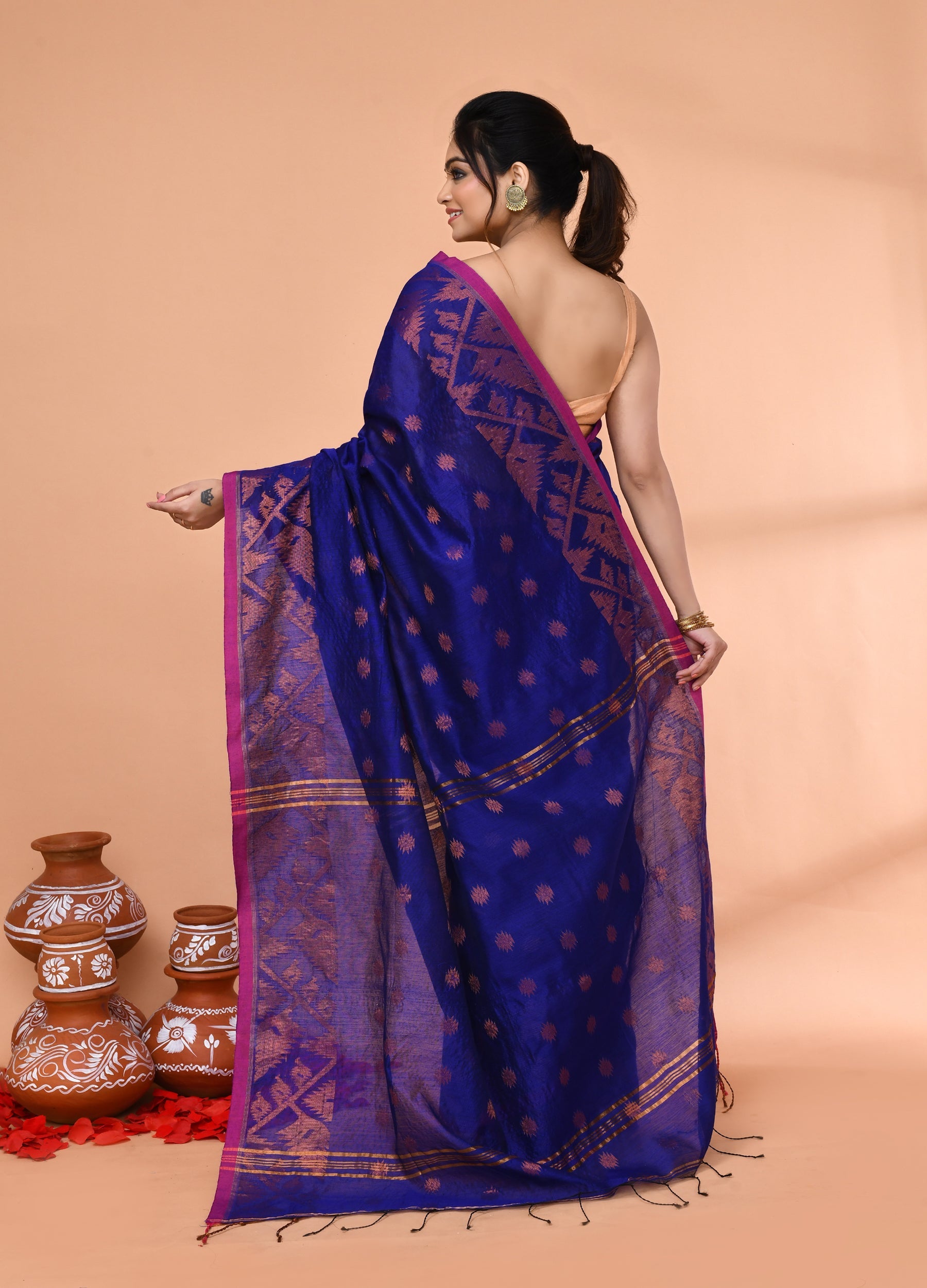 Royal Blue Handloom Cotton Blend Saree with Matching Blouse