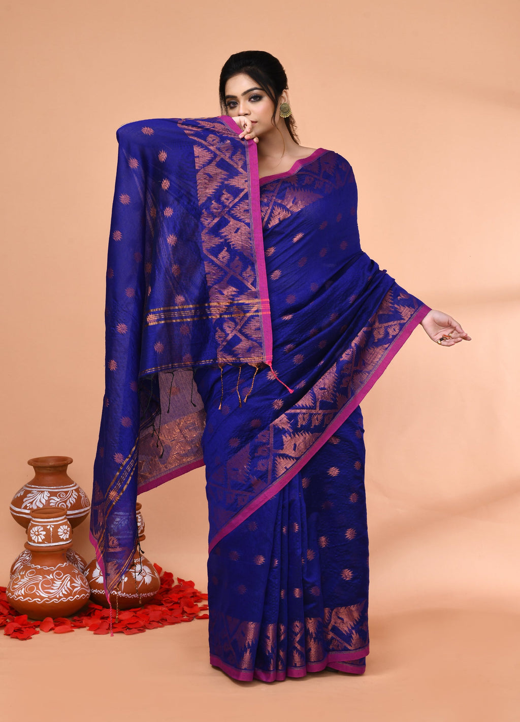 Royal Blue Handloom Cotton Blend Saree with Matching Blouse