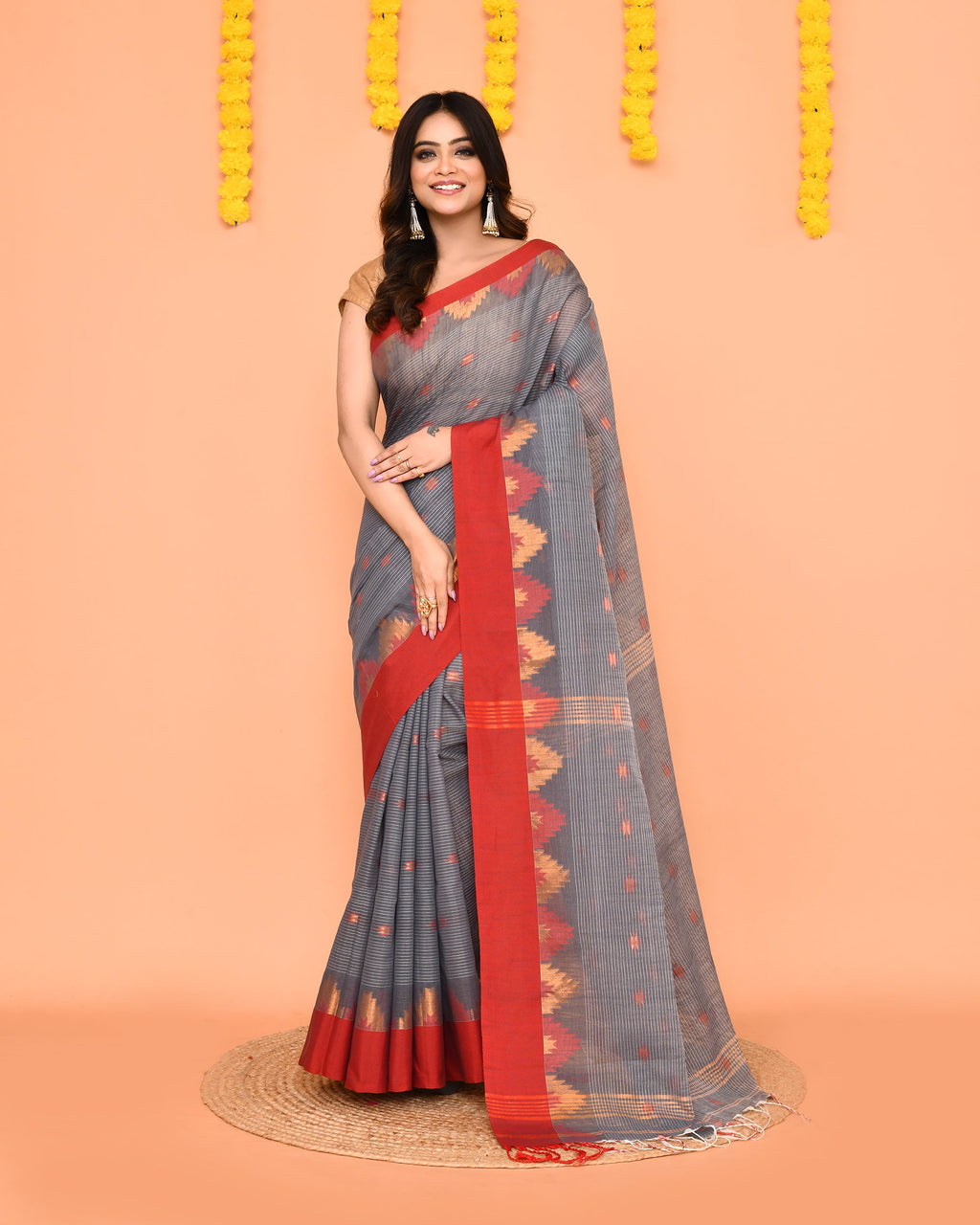 Grey Handloom Cotton Blend Saree with Red Temple Border