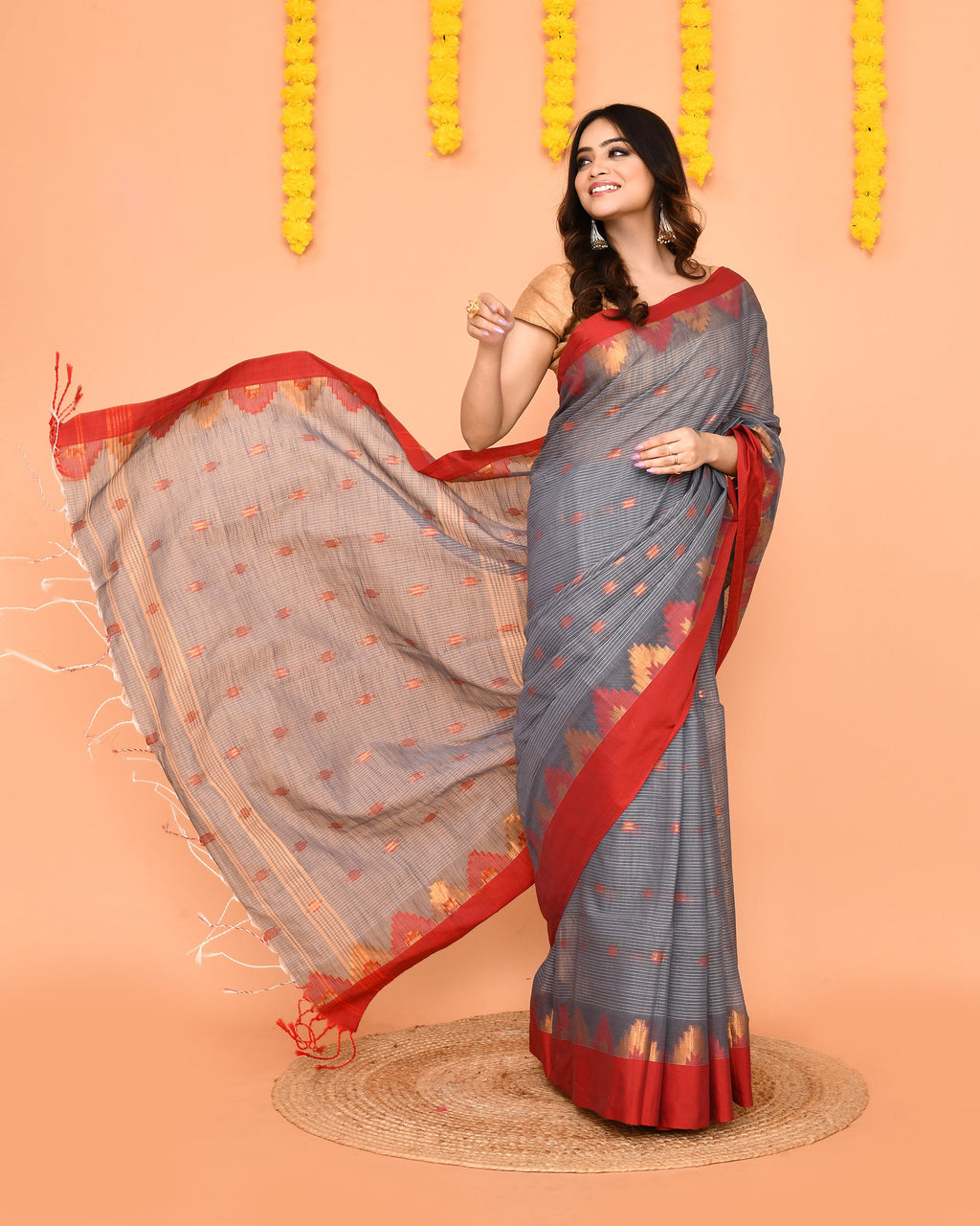 Grey Handloom Cotton Blend Saree with Red Temple Border
