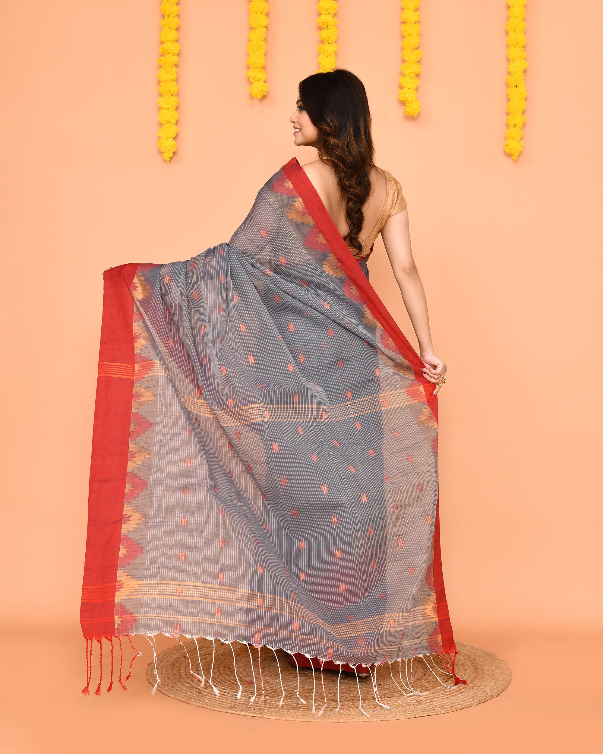 Grey Handloom Cotton Blend Saree with Red Temple Border