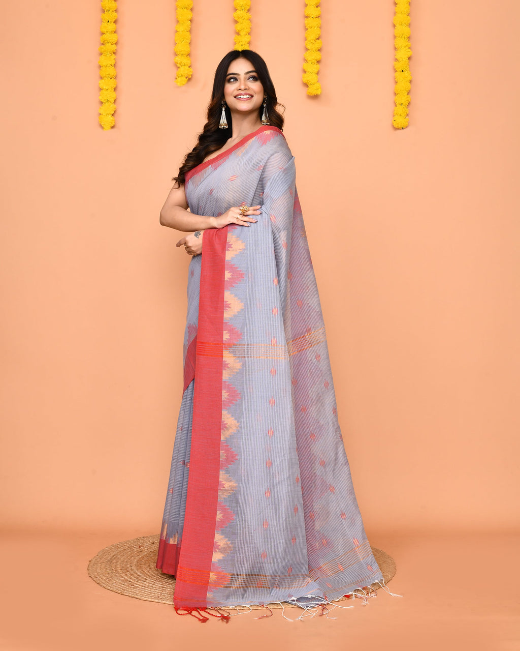 Sky Blue Cotton Blend Handloom Saree with Red Temple Border