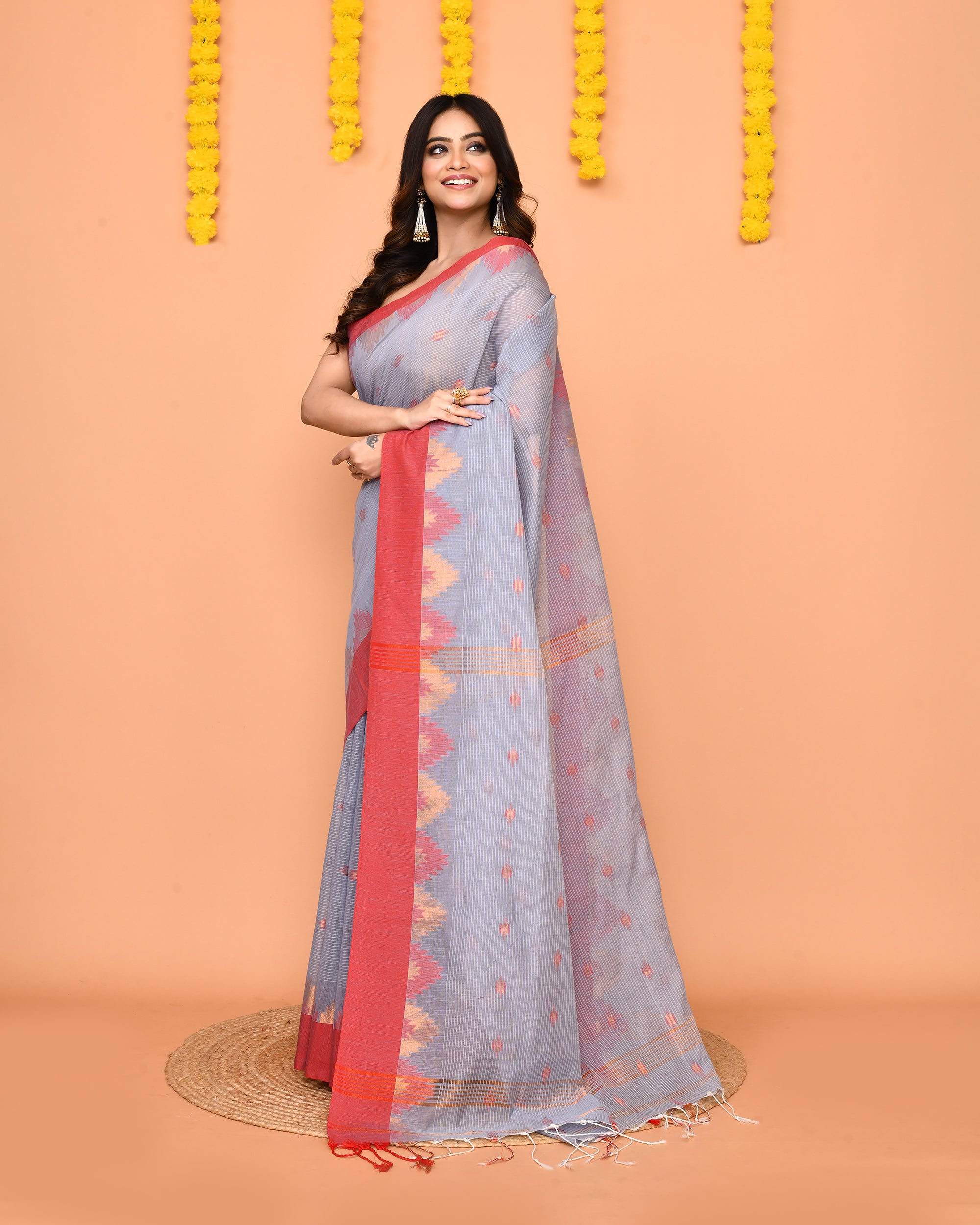 Sky Blue Cotton Blend Handloom Saree with Red Temple Border