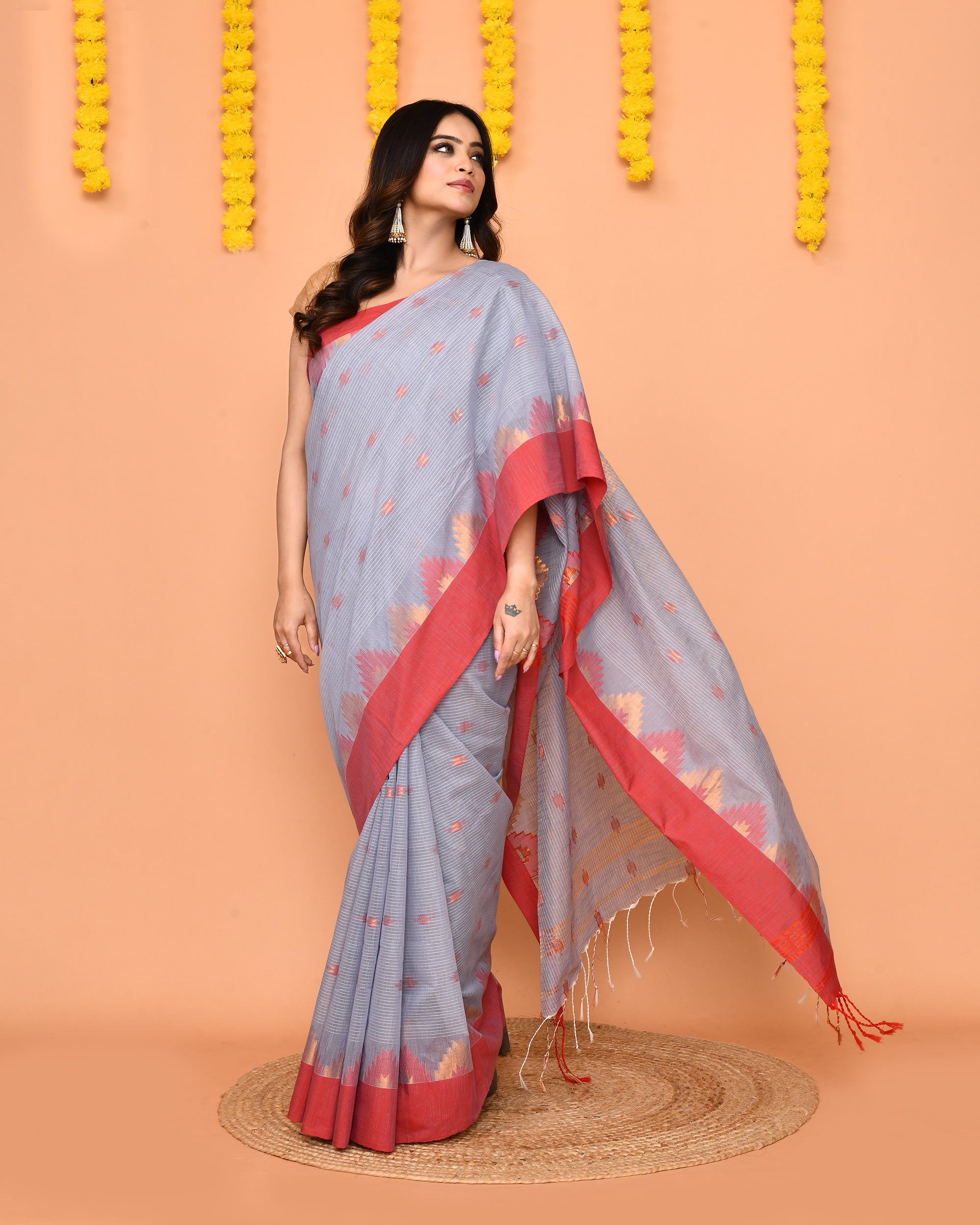 Sky Blue Cotton Blend Handloom Saree with Red Temple Border